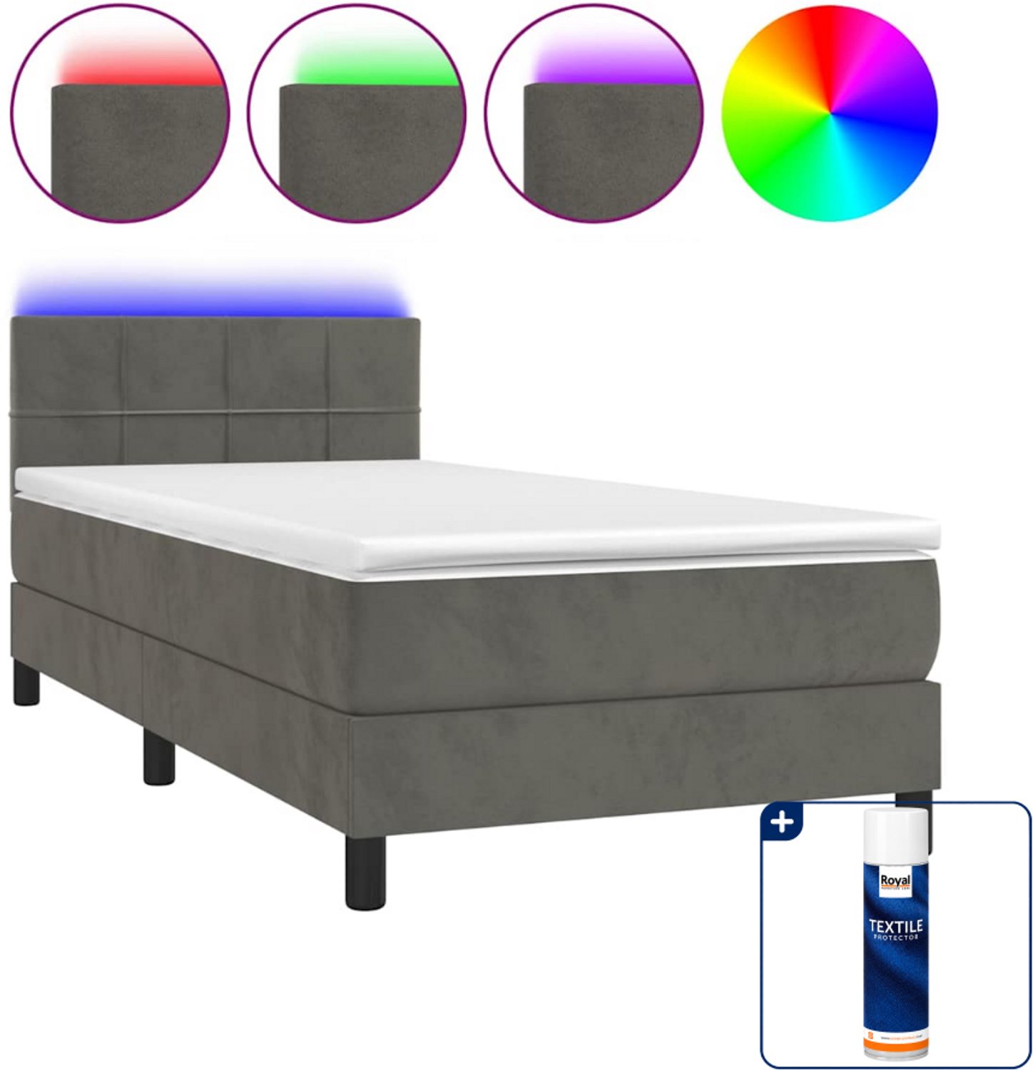 vidaXL boxspring met matras en LED - 80 x 200 cm - fluweel - donkergrijs - Inclusief textielbeschermer 500 ml