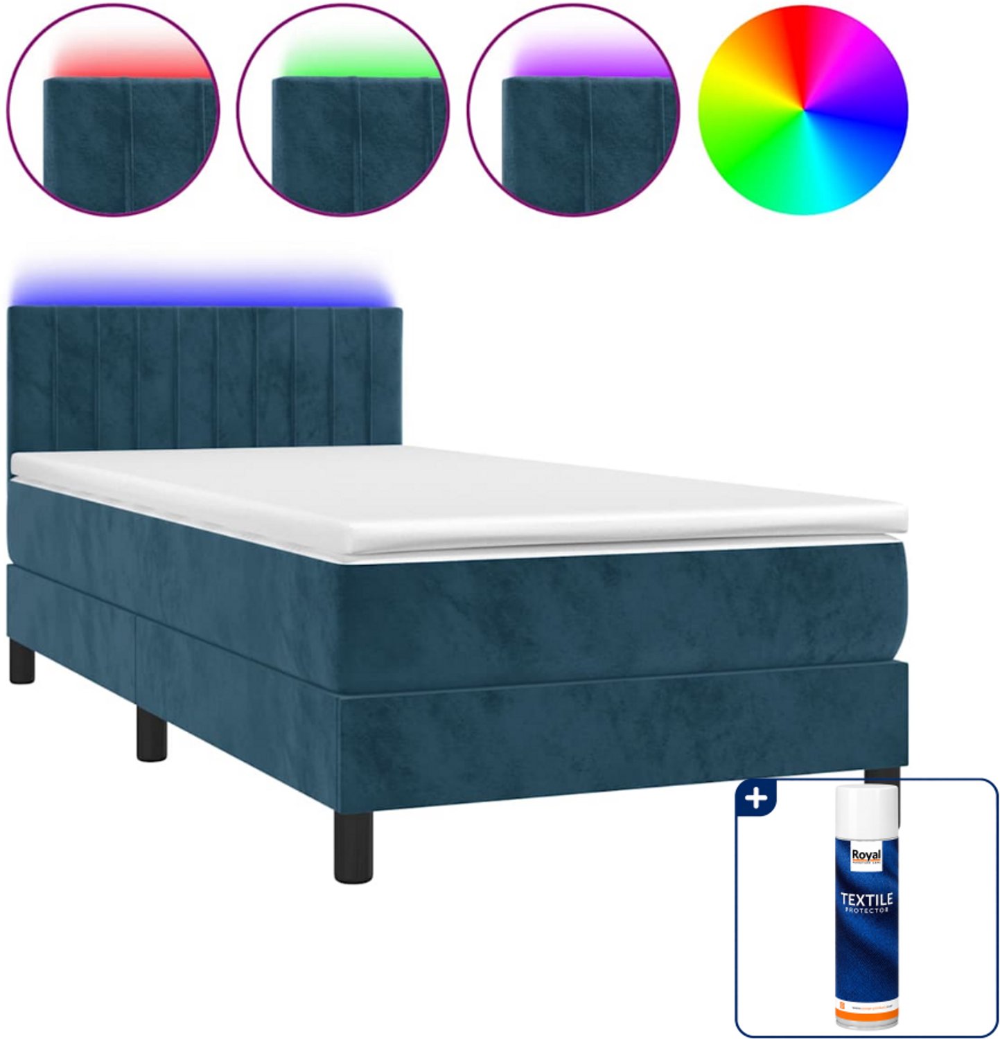 vidaXL boxspring met matras en LED - 80 x 200 cm - fluweel - donkerblauw - Inclusief textielbeschermer 500 ml