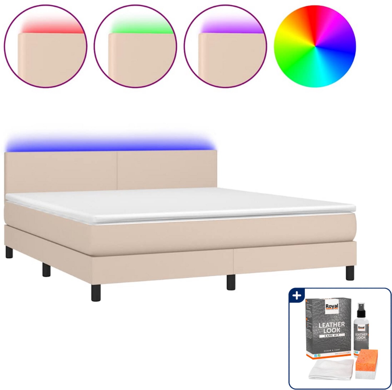 vidaXL Kingsize boxspring met matras en LED - 180 x 200 cm - cappuccino - Inclusief onderhoudsset voor kunstleer 150 ml Bruin