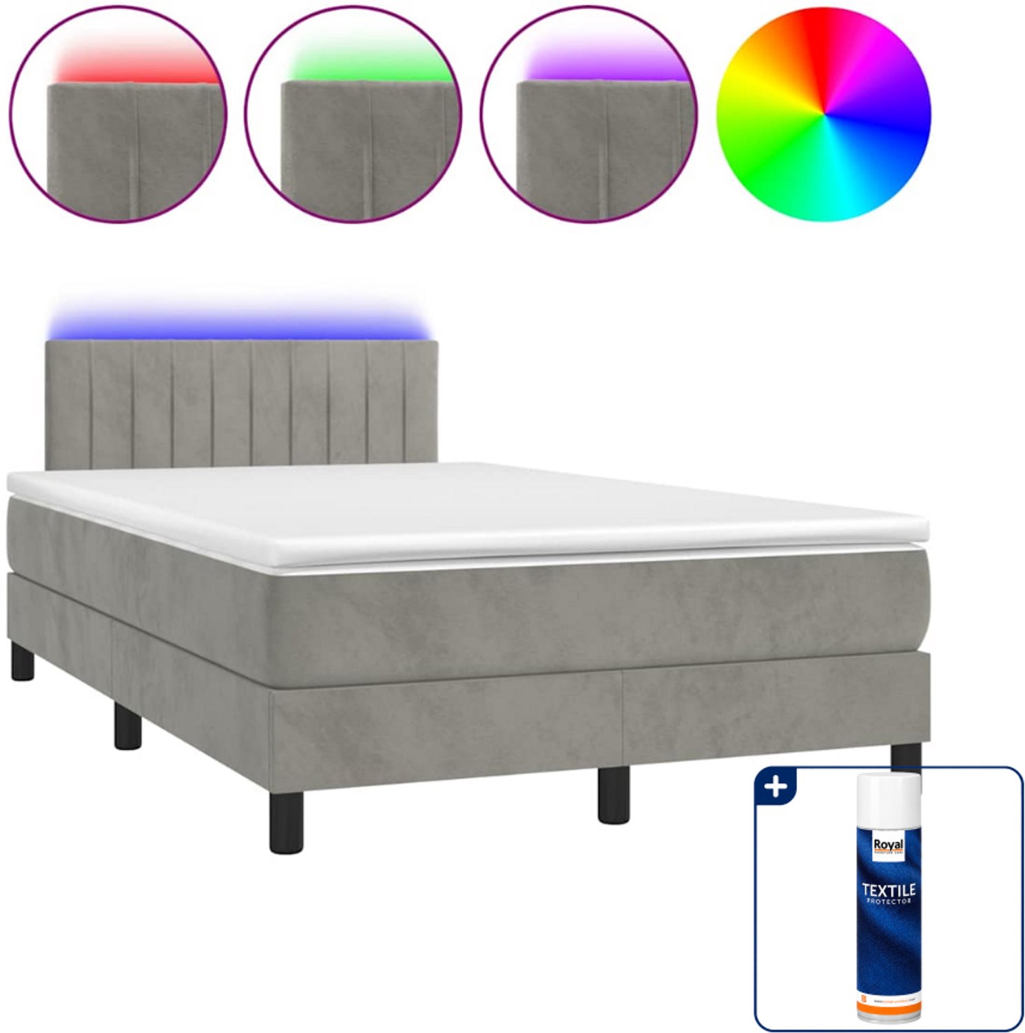vidaXL boxspring met matras en LED - 120 x 200 cm - fluweel - lichtgrijs - Inclusief textielbeschermer 500 ml
