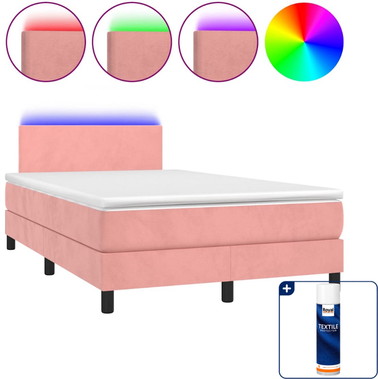 vidaXL boxspring met matras en LED - 120 x 200 cm - fluweel - roze - Inclusief textielbeschermer 500 ml