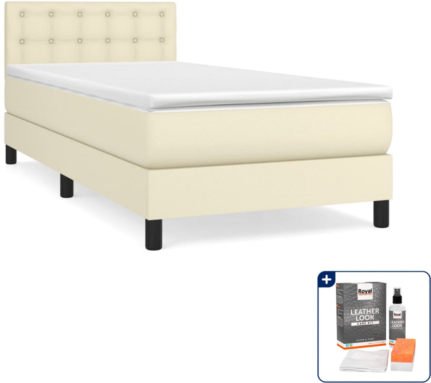 vidaXL boxspring met matras - 100 x 200 cm - kunstleer - crème - Inclusief onderhoudsset voor kunstleer 150 ml