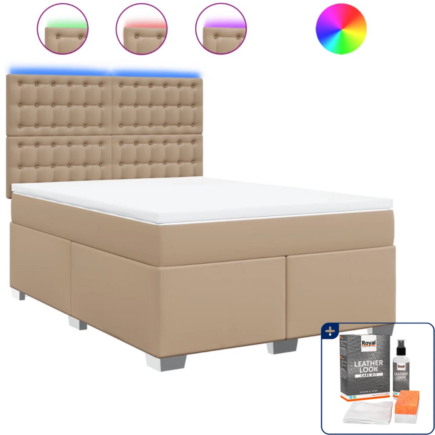 vidaXL boxspring met matras - 140 x 190 cm - kunstleer - cappuccino - Inclusief onderhoudsset voor kunstleer 150 ml Bruin