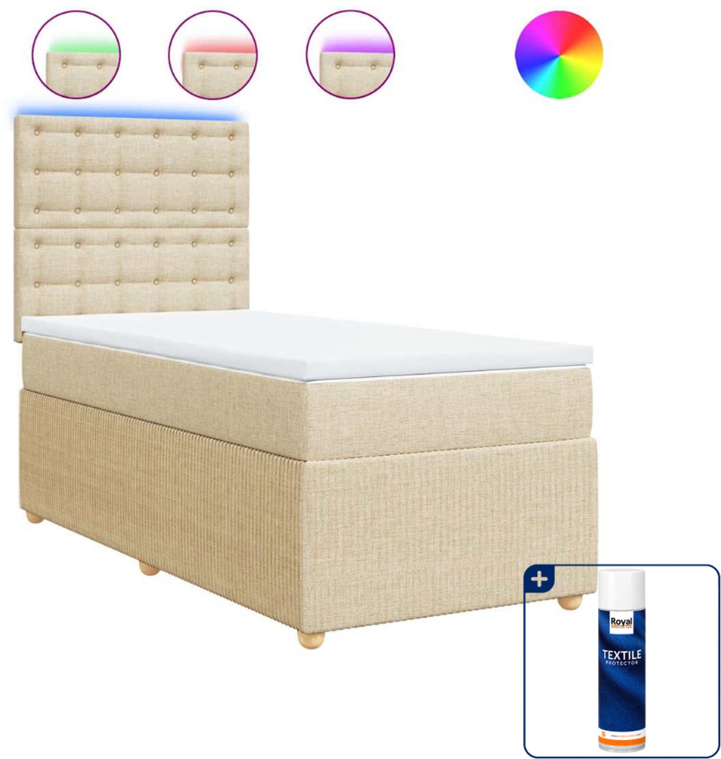 vidaXL boxspring met matras - 90 x 200 cm - stof - crèmekleurig - Inclusief textielbeschermer 500 ml