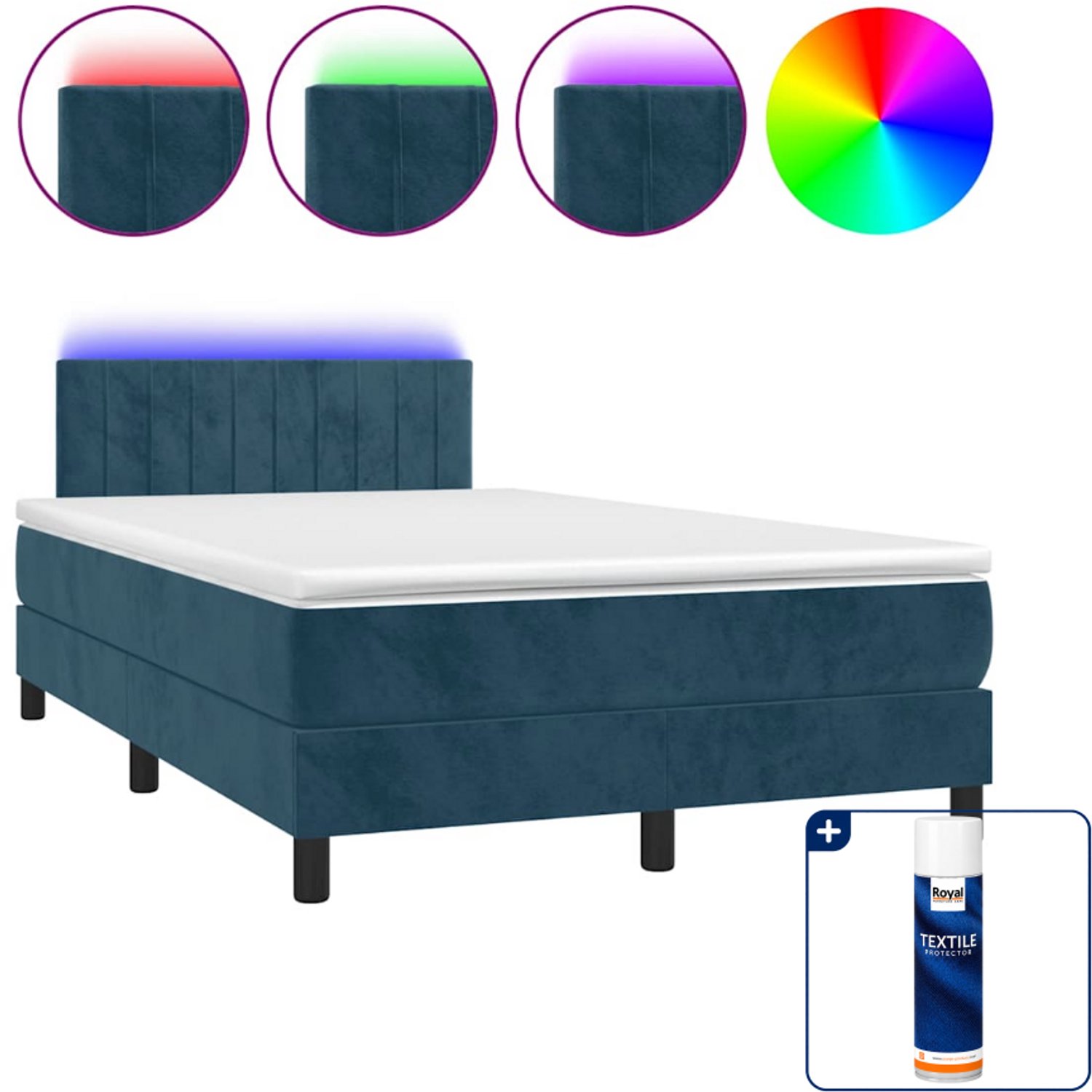 vidaXL boxspring met matras en LED - 120 x 190 cm - fluweel - donkerblauw - Inclusief textielbeschermer 500 ml Grijs