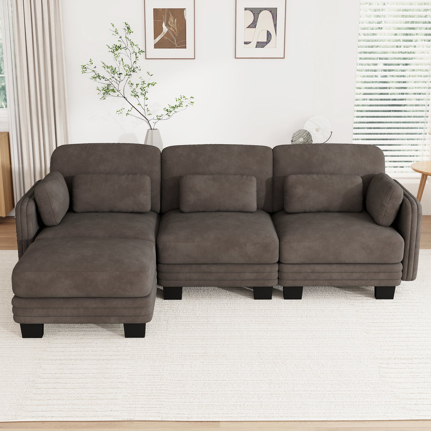 FloraGrace Hoekbank 3 Zits 253 x 143 x 88 cm - Modulair met Losse Hocker en Verplaatsbare Kussens - Woonkamer - Chenille - Bruin Grijs