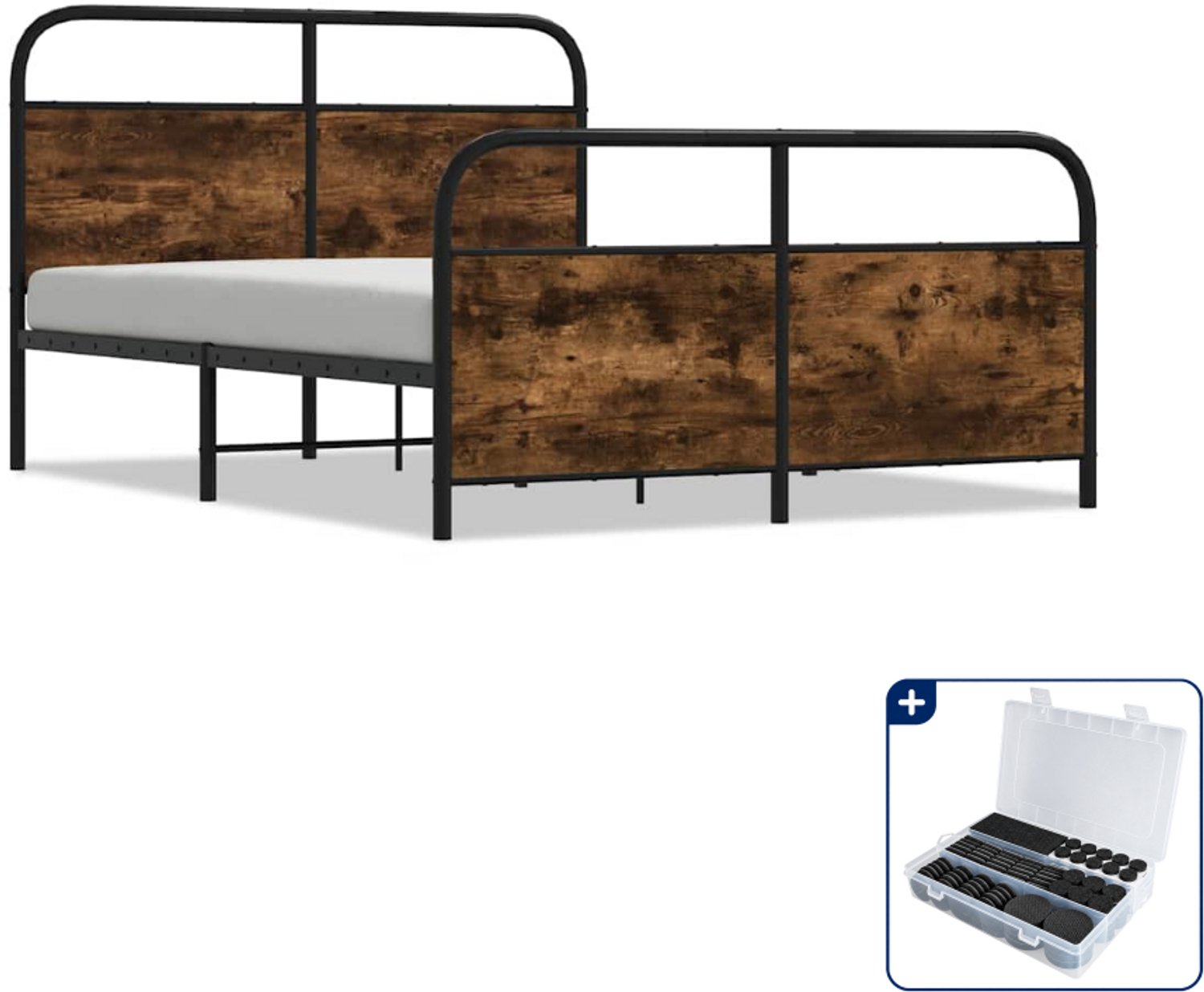 vidaXL bedframe - 140 x 190 cm - staal en bewerkt hout - gerookt eiken - Inclusief antikrasvilt 177-delig Bruin