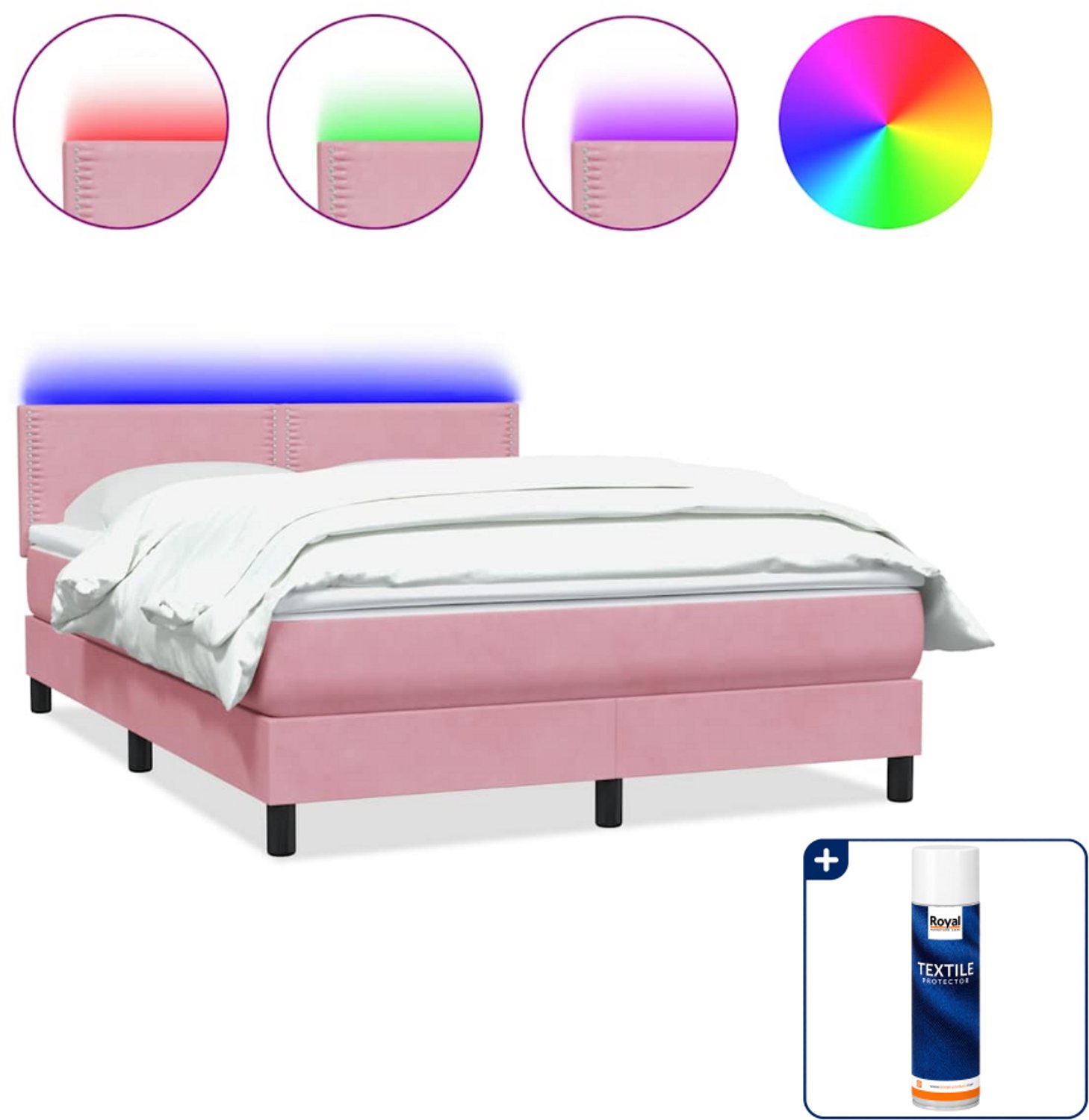 vidaXL Queensize boxspring met matras en LED - 160 x 210 cm - roze - Inclusief textielbeschermer 500 ml Wit