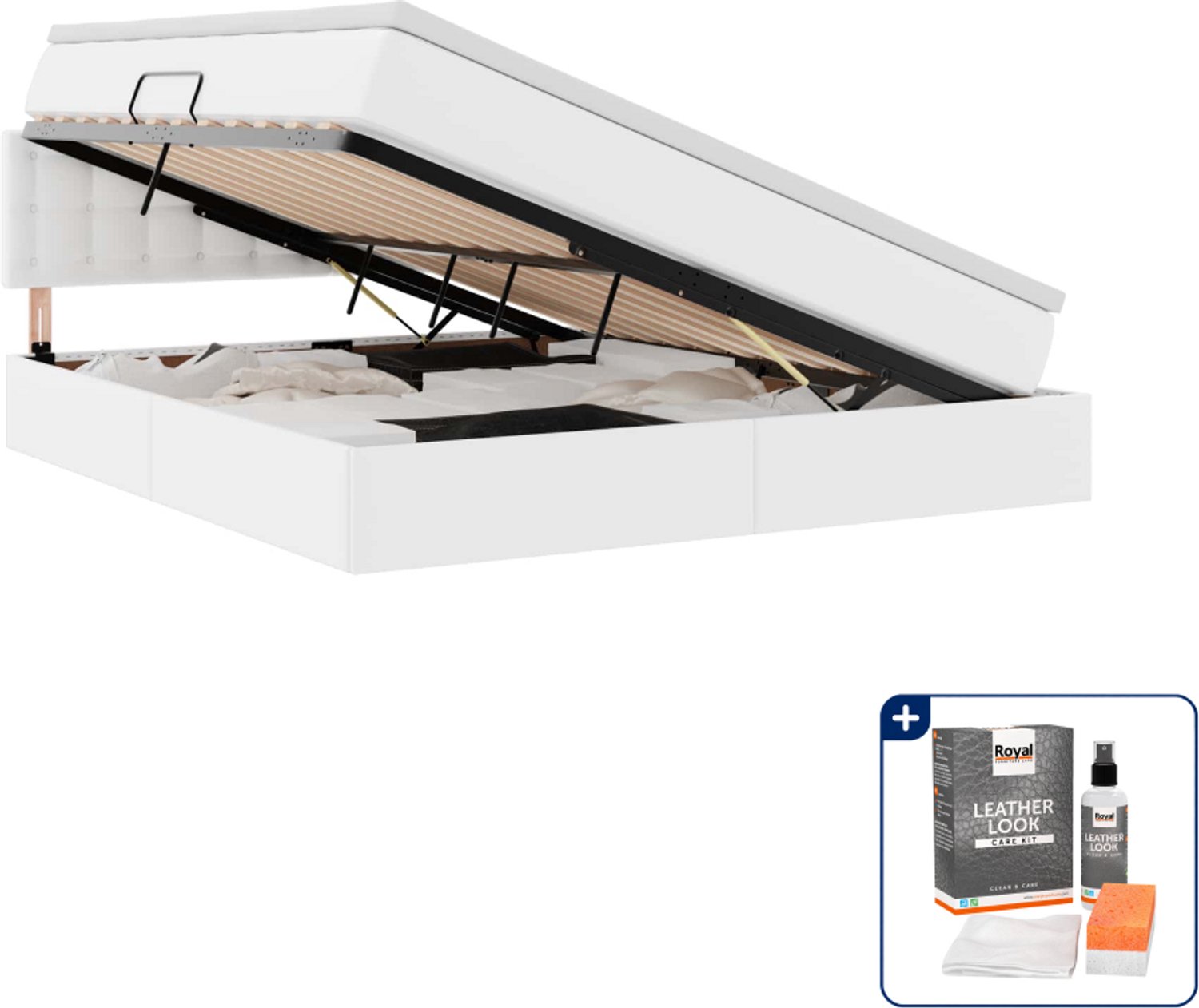 vidaXL opbergbed met LED en matras - Queensize - 160 x 200 cm - wit - Inclusief onderhoudsset voor kunstleer 150 ml