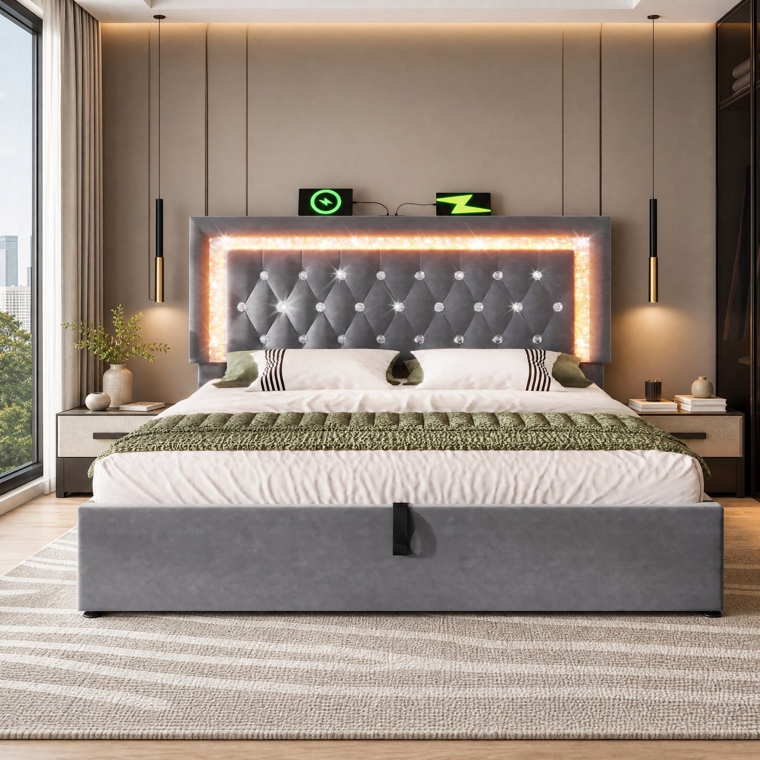 Maisentiel Gestoffeerd tweepersoonsbed 180 x 200 cm – grijs fluweel, LED en opbergruimte