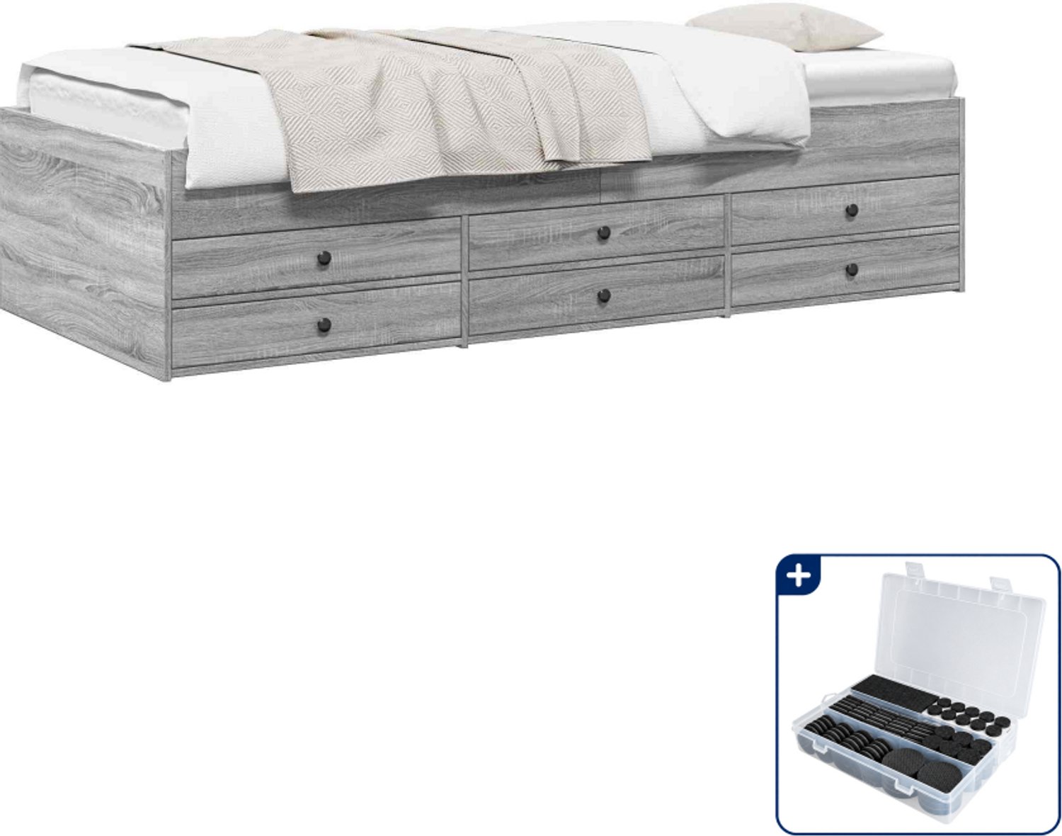 vidaXL bedframe met opslag - 80 x 200 cm - bewerkt hout - grijs sonoma - Inclusief antikrasvilt 177-delig