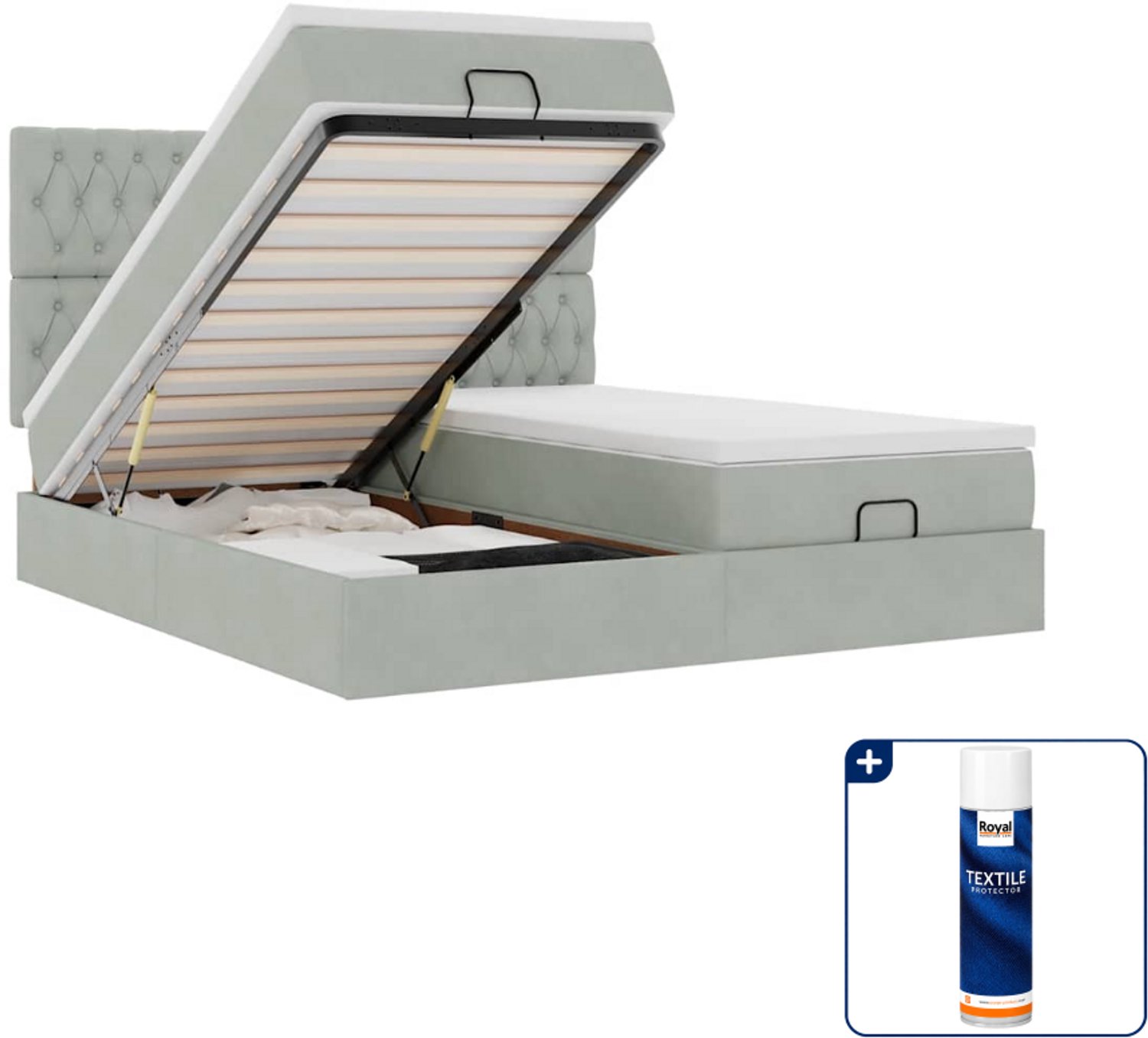 vidaXL Queensize ottoman bed - 160 x 200 cm - fluweel - lichtgrijs - Inclusief textielbeschermer 500 ml Blauw