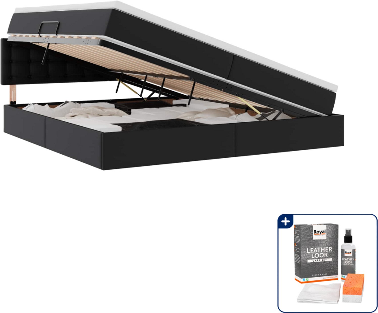 vidaXL opbergbed met matras - 200 x 200 cm - kunstleer - zwart - Inclusief onderhoudsset voor kunstleer 150 ml Grijs