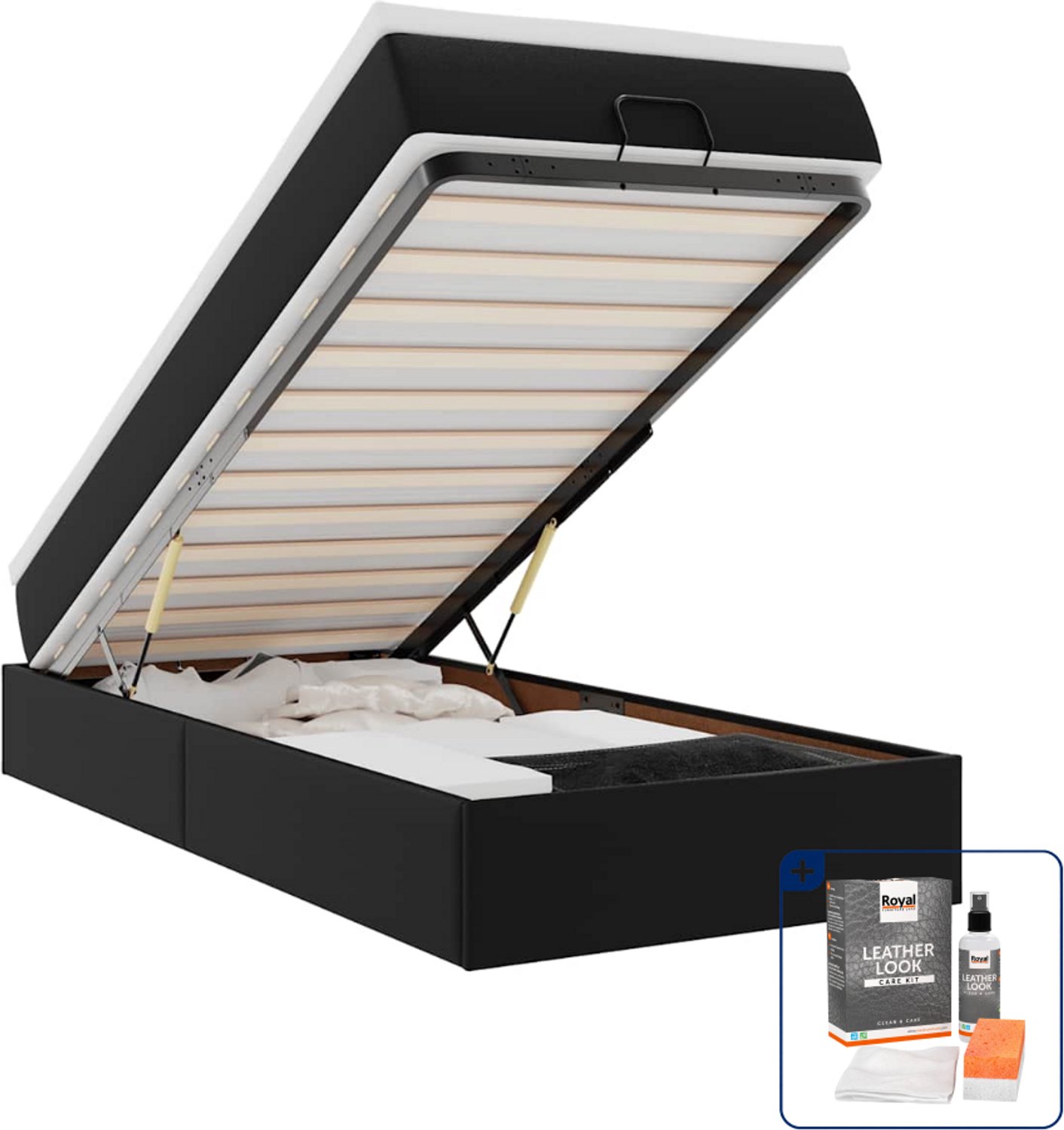 vidaXL ottoman bed met matras - 90 x 200 cm - kunstleer - zwart - Inclusief onderhoudsset voor kunstleer 150 ml