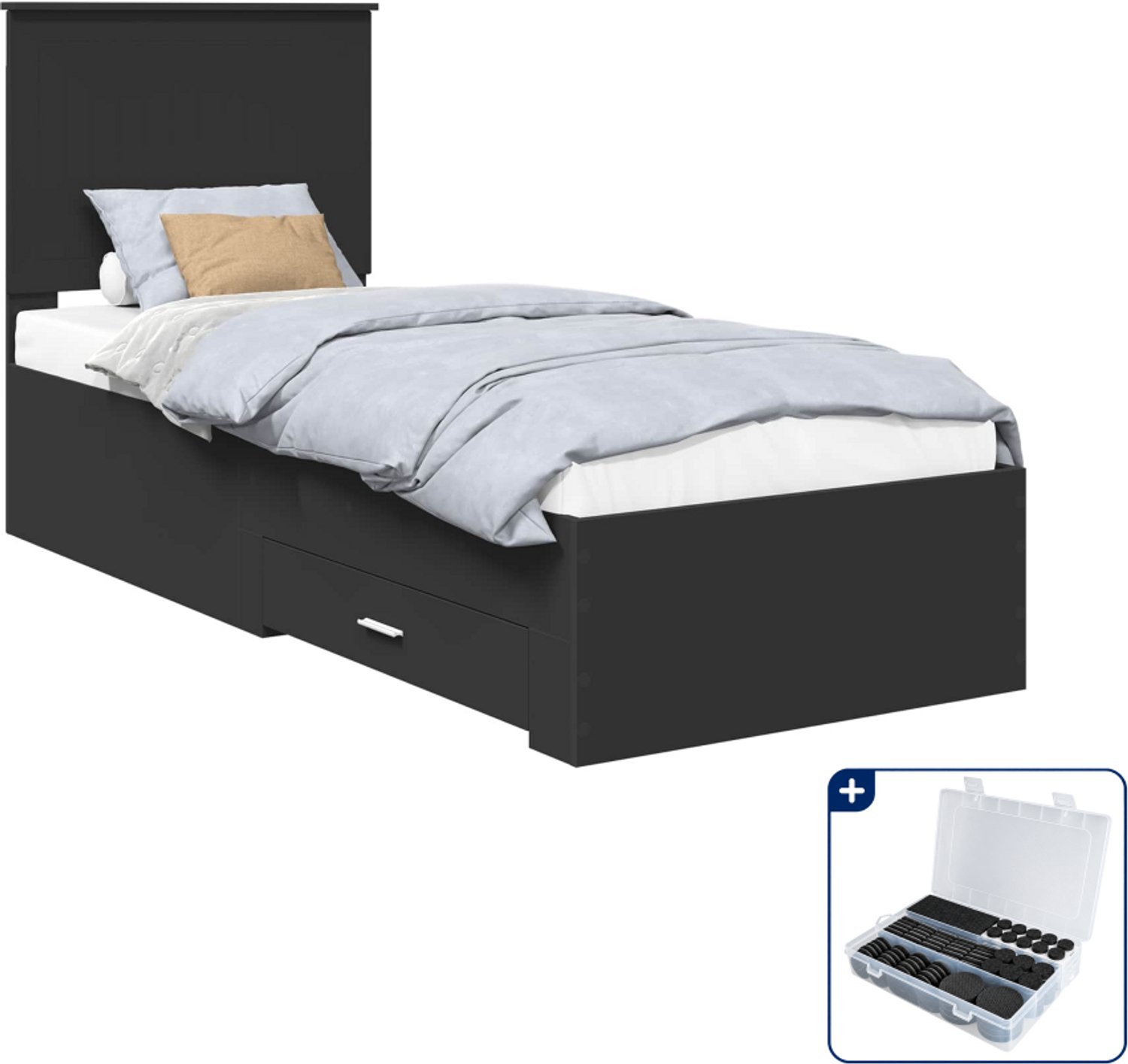 vidaXL bedframe met lade - 70 x 190 cm - bewerkt hout - zwart en zilver - Inclusief antikrasvilt 177-delig