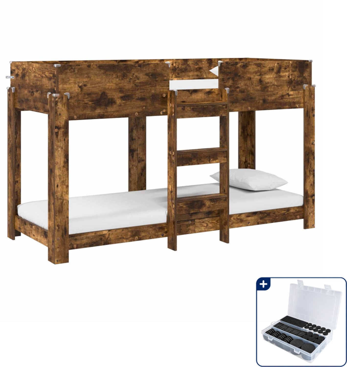 vidaXL stapelbed - 75 x 190 cm - bewerkt hout - gerookt eiken - Inclusief antikrasvilt 177-delig Zwart