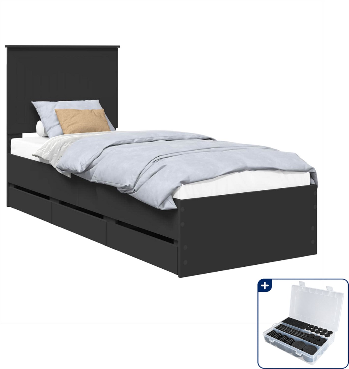 vidaXL bedframe met lade - 75 x 190 cm - bewerkt hout - zwart - Inclusief antikrasvilt 177-delig