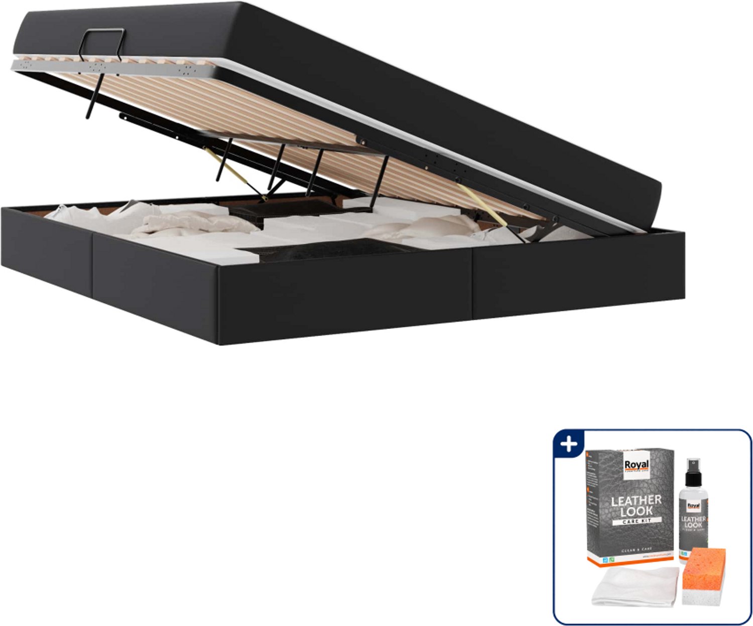 vidaXL Kingsize opbergbed met matras - 180 x 200 cm - zwart - kunstleer - Inclusief onderhoudsset voor kunstleer 150 ml Bruin
