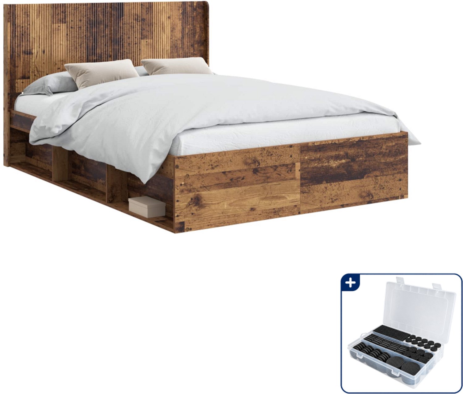 vidaXL Bedframe met opbergruimte - 150 x 200 cm - bewerkt hout - oud hout - Inclusief antikrasvilt 177-delig Bruin