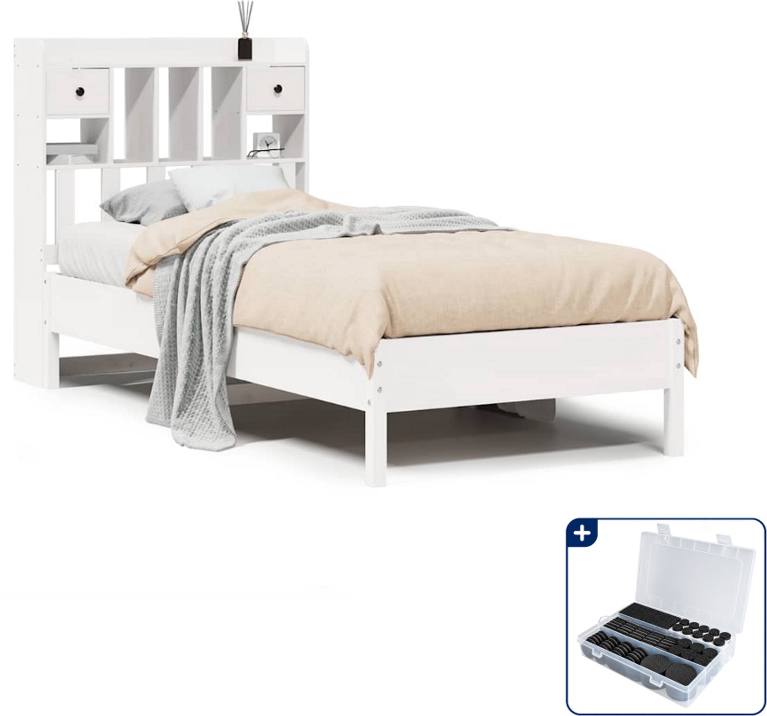 vidaXL bed met boekenkast - 90 x 190 cm - massief grenenhout - wit - Inclusief antikrasvilt 177-delig Bruin