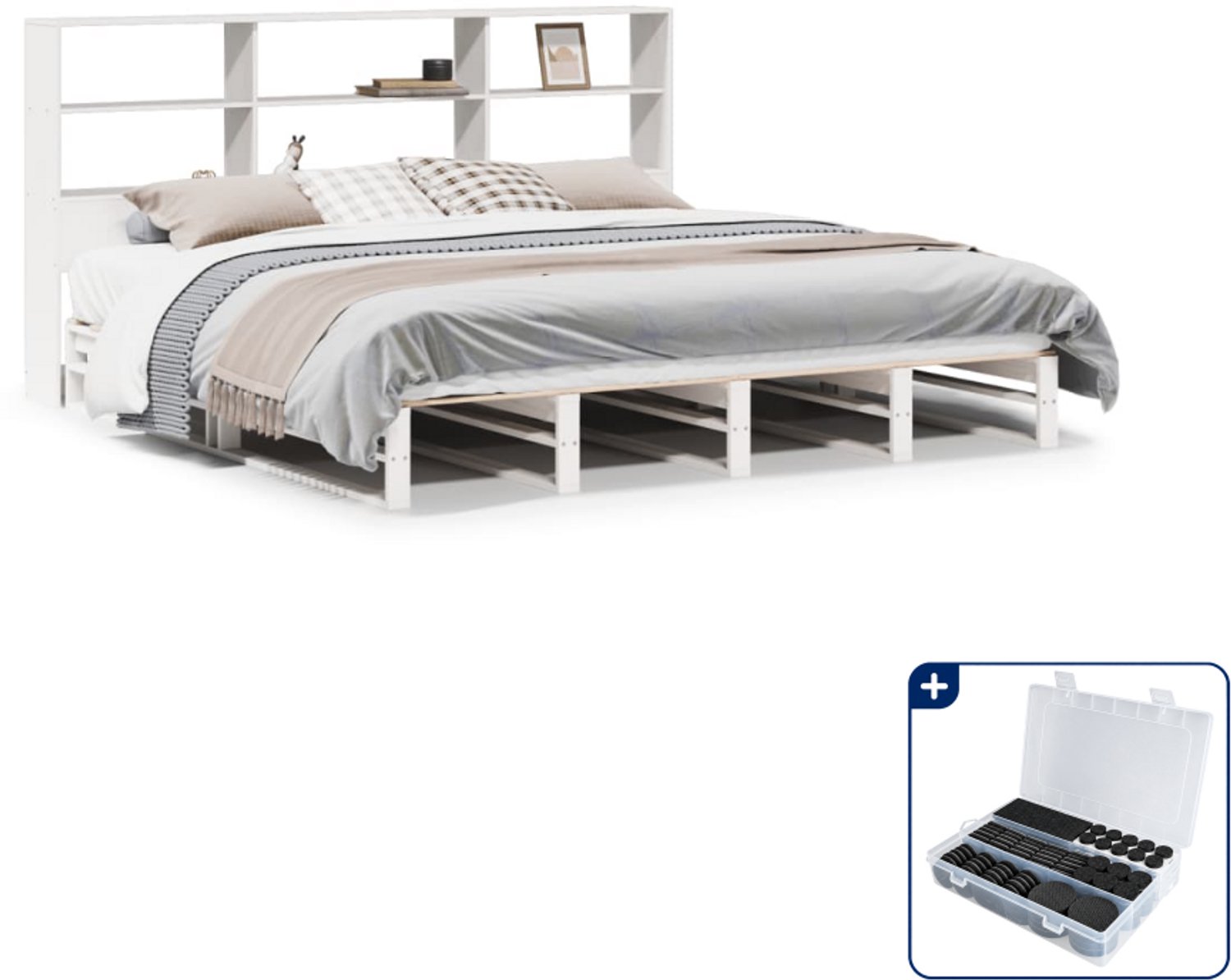 vidaXL Kingsize bed met boekenkast - 180 x 200 cm - wit - Inclusief antikrasvilt 177-delig