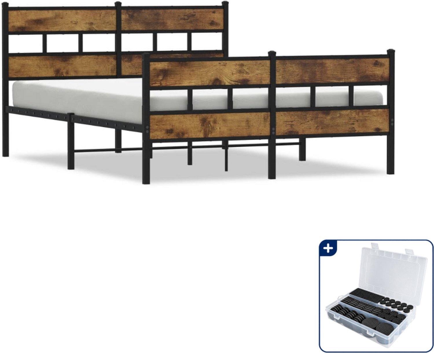vidaXL bedframe Queensize - 160 x 200 cm - staal en hout - gerookt eiken - Inclusief antikrasvilt 177-delig