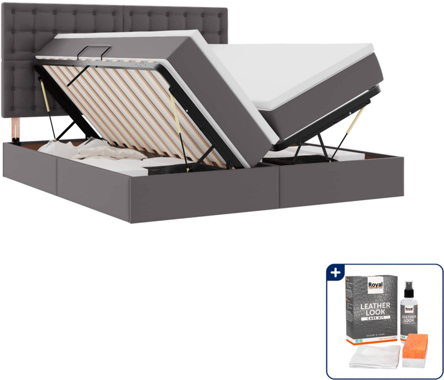 vidaXL Kingsize opbergbed - 180 x 200 cm - grijs - Inclusief onderhoudsset voor kunstleer 150 ml Bruin
