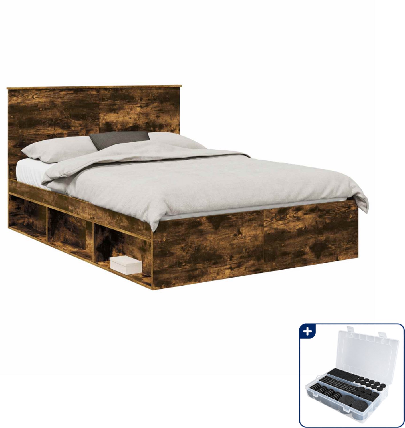 vidaXL bedframe - 140 x 190 cm - bewerkt hout en grenenhout - gerookt eiken - Inclusief antikrasvilt 177-delig Grijs