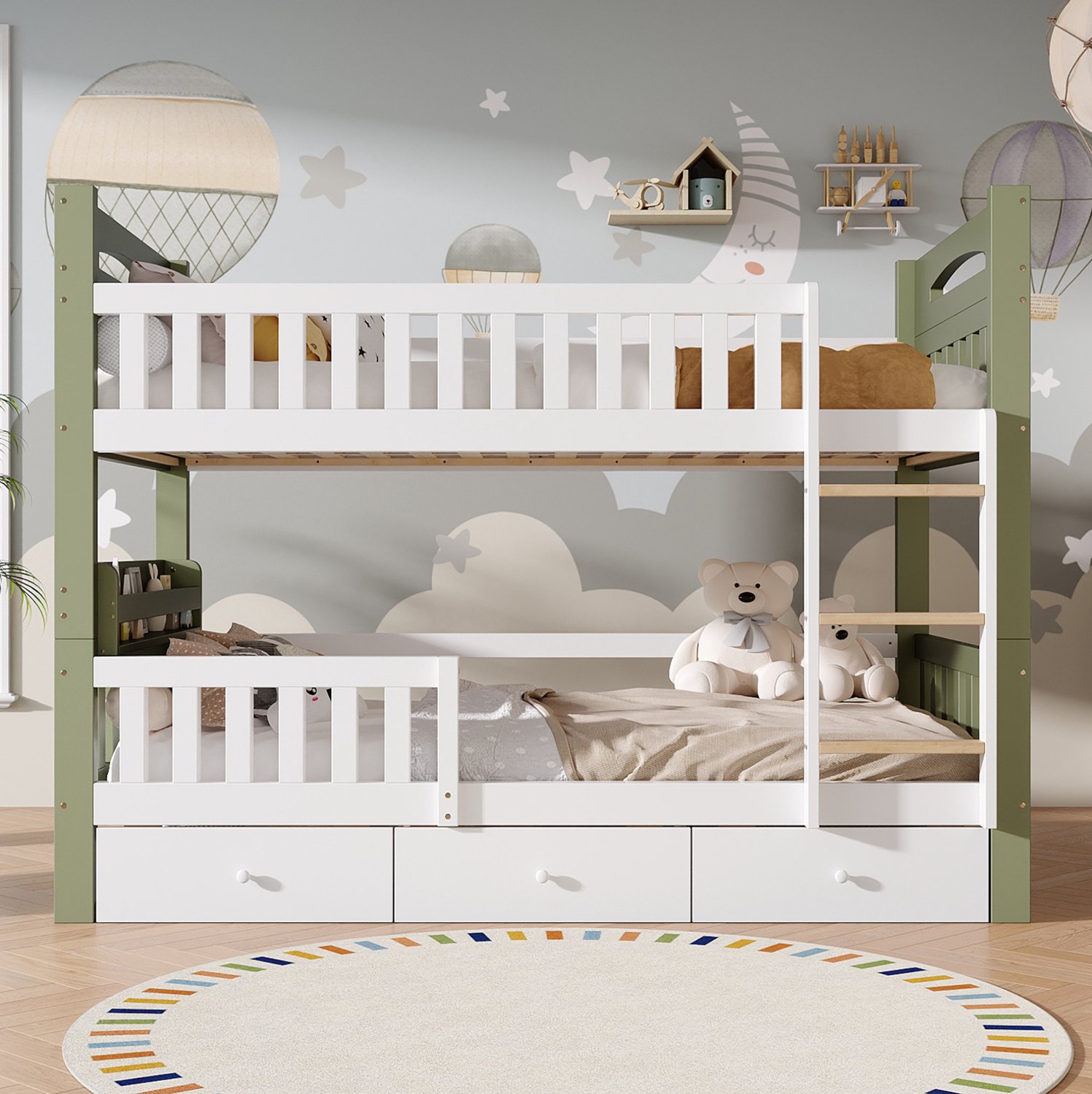 Wishdor Kinderstapelbed 90x200 cm - Twee slaapplaatsen met ladder - Verhoogd uitvalhek en zijrek - Drie lades voor opbergruimte - Kinderkamer of logeerkamer - Hout en MDF - Wit en groen
