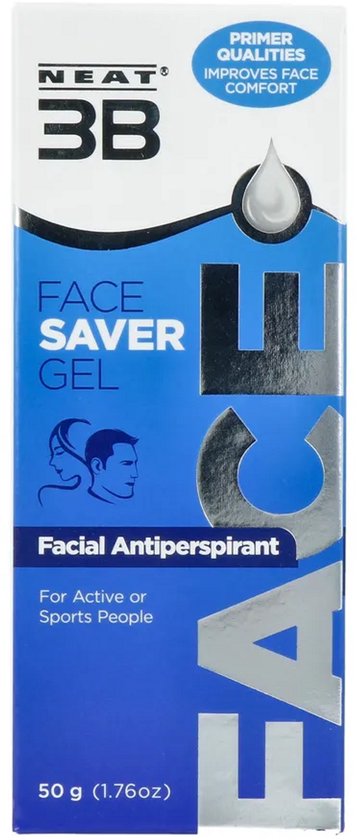 Voorkant van het Neat 3B Face Saver Gel doosje in blauw en wit, met tekst 'Facial Antiperspirant', 50g.
