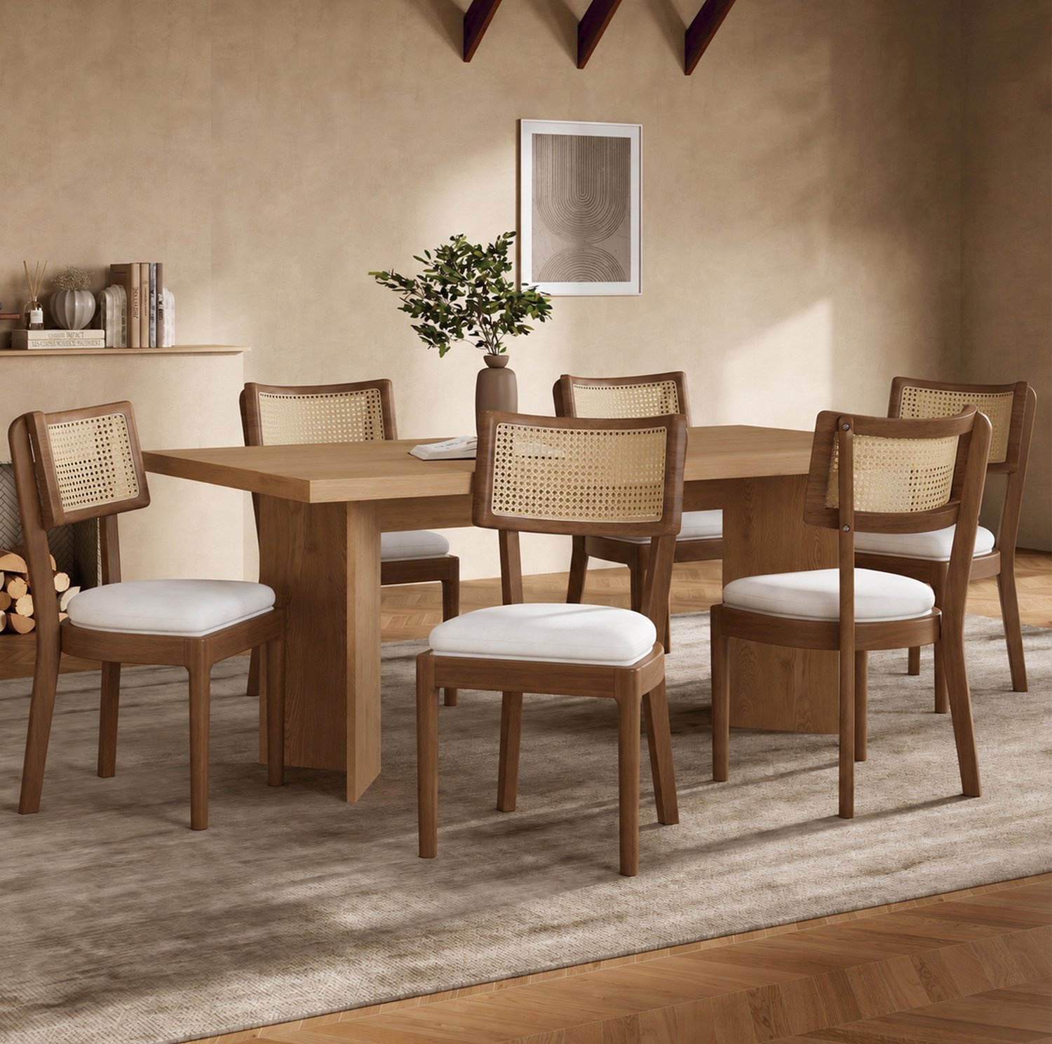 STILVORA Eetkamerstoel 50 x 58 x 88 cm - Set van 2 met Rotan Rugleuning - Voor Eetkamer en Woonkamer - Hout en Linnen - Walnootbruin en Beige
