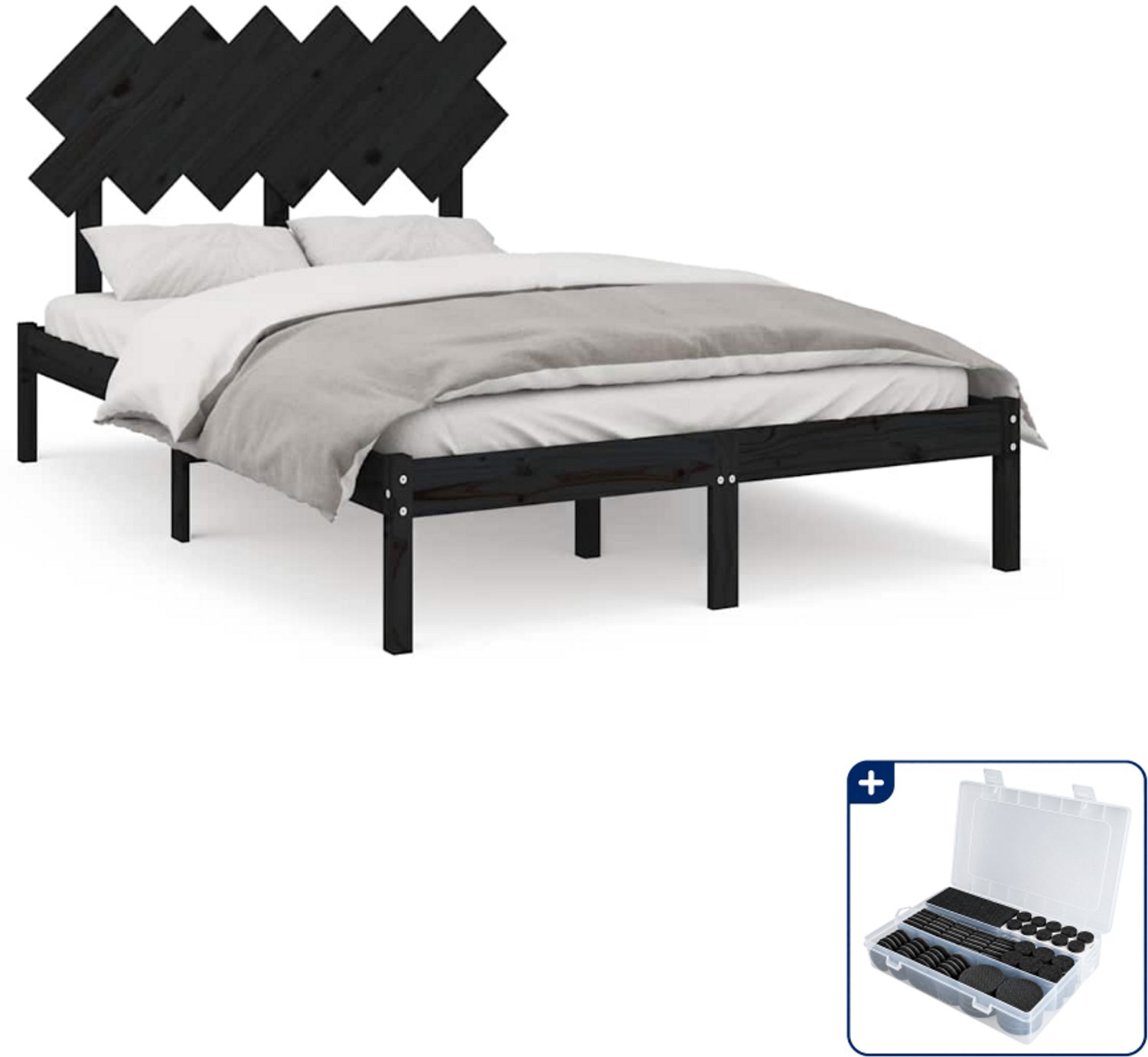 vidaXL bedframe - 135 x 190 cm - massief grenenhout - zwart - Inclusief antikrasvilt 177-delig Blauw