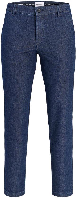 Donkerblauwe jeans met taps toelopende pijpen, voorzien van een gulp met knoopsluiting en JACK & JONES merklabel.
