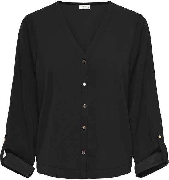 Zwarte blouse met V-hals, knoopsluiting en opgerolde driekwartmouwen, met JDY-label in de nek.