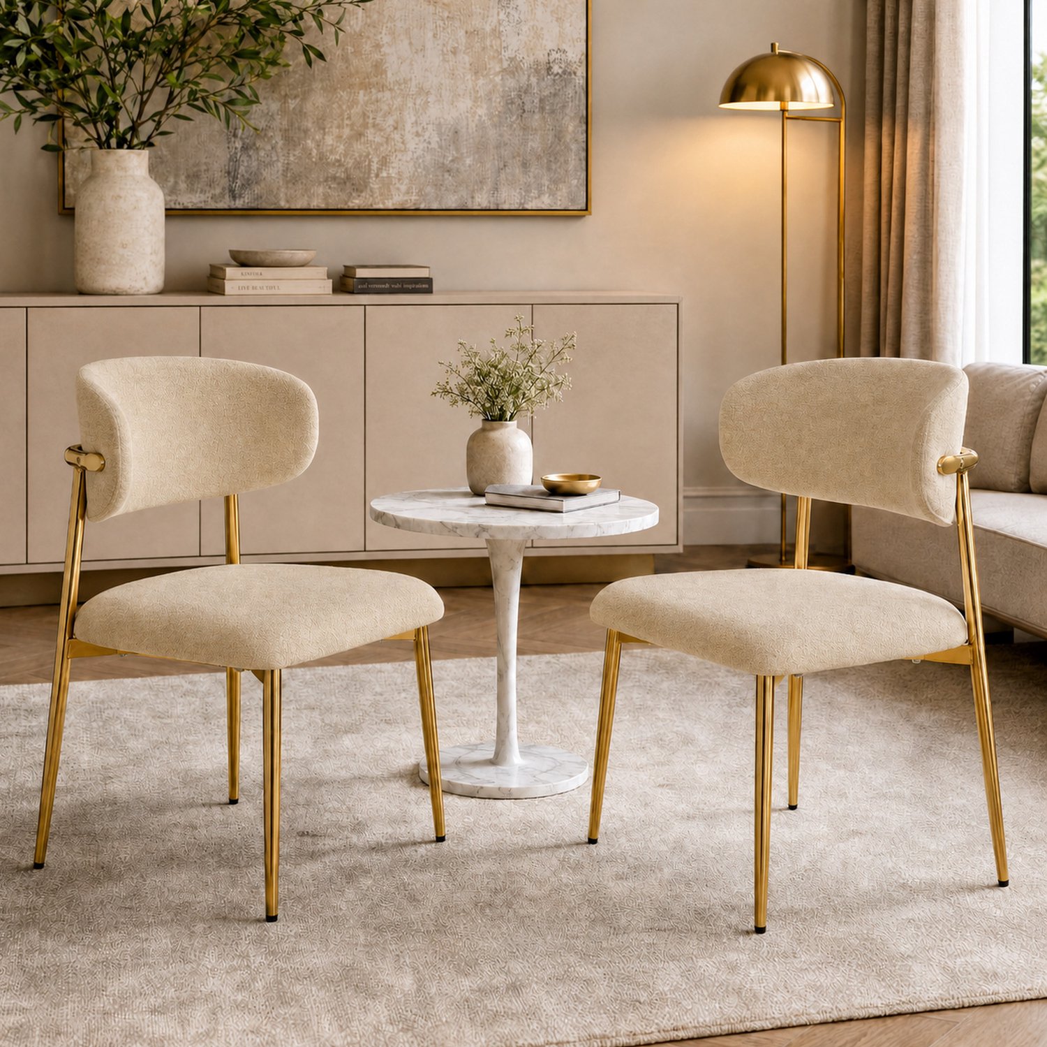 Maisentiel Set van 2 gestoffeerde eetkamerstoelen - bruin - goudkleurig metalen onderstel Lichtbeige