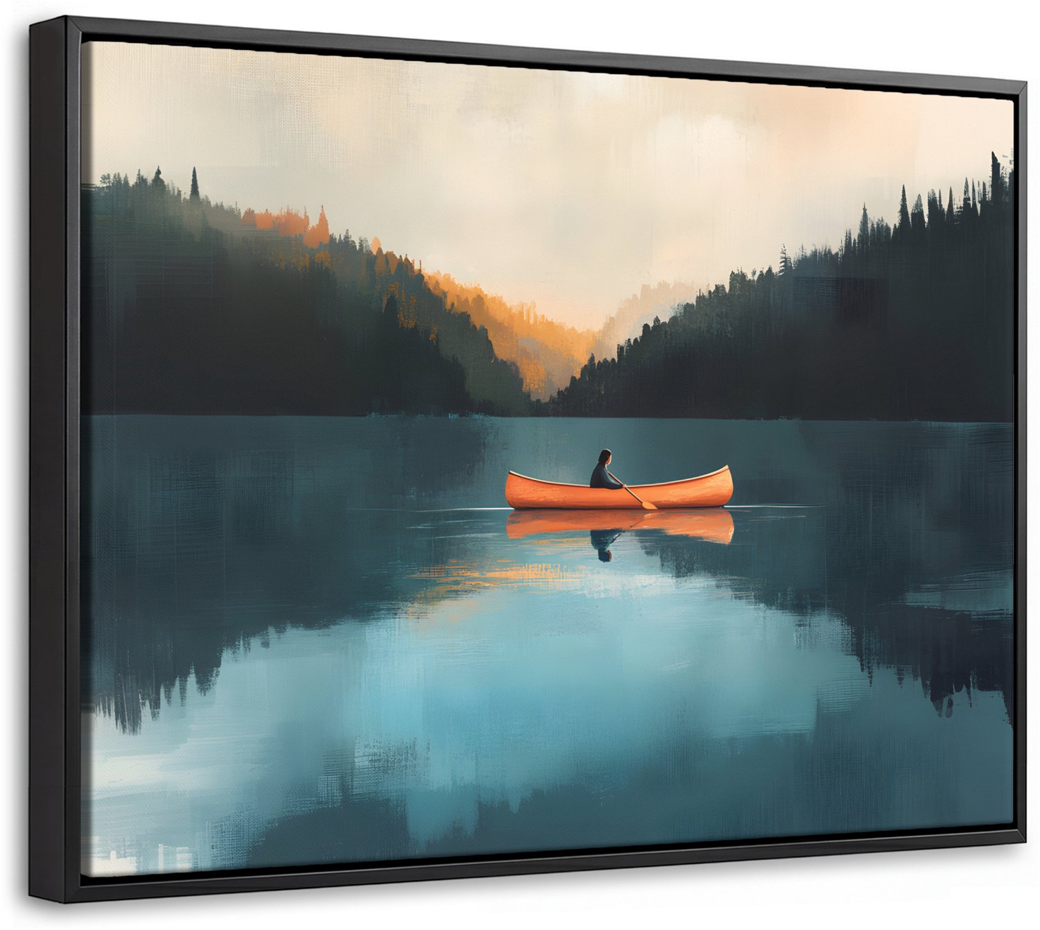 Canvas Schilderij met Baklijst 40x30cm - Bossen - Meer - Kano - Oranje - Muurdecoratie woonkamer - Slaapkamer decoratie - Kamer accessoires - Schilderijen op canvas met lijst