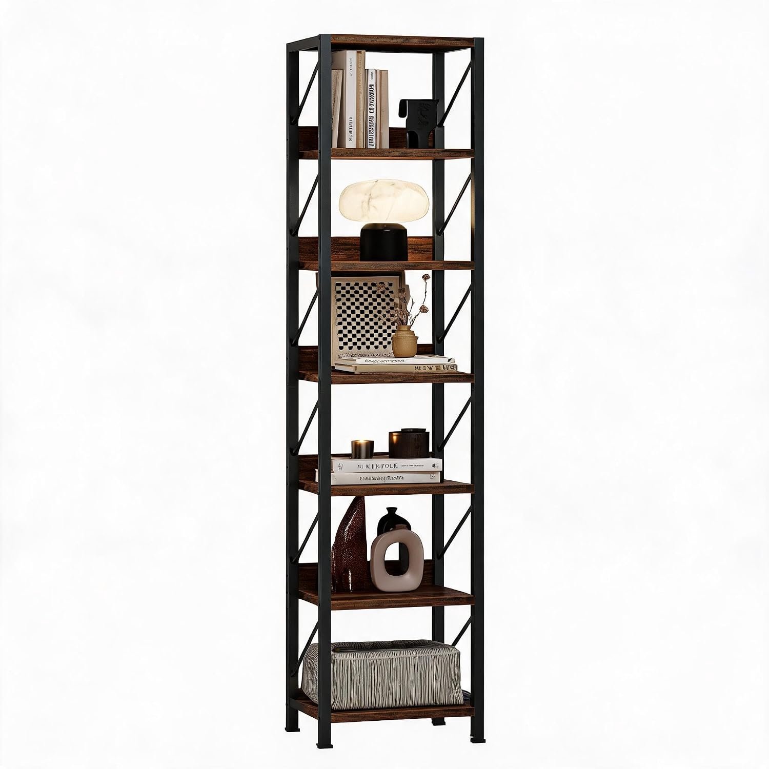HOERFURIY Boekenkast vintage metaal hout 6 planken, 168 x 30 cm, anti-kantelkit, geschikt voor woonkamer en kantoor bruin