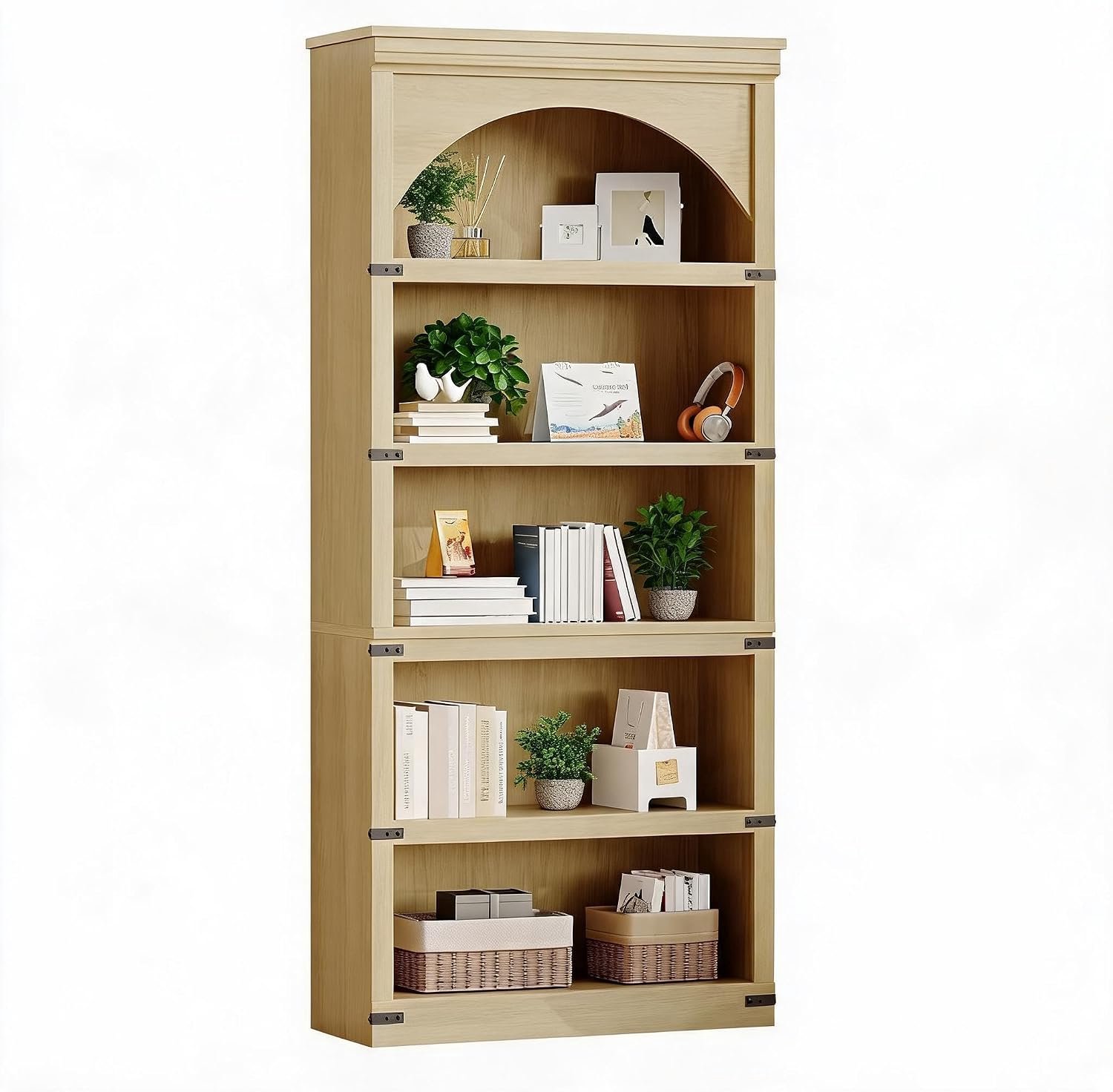 HOERFURIY Natuurhouten boekenkast boogvorm 174 cm, 5 niveaus vintage landelijk open rek Naturelhout