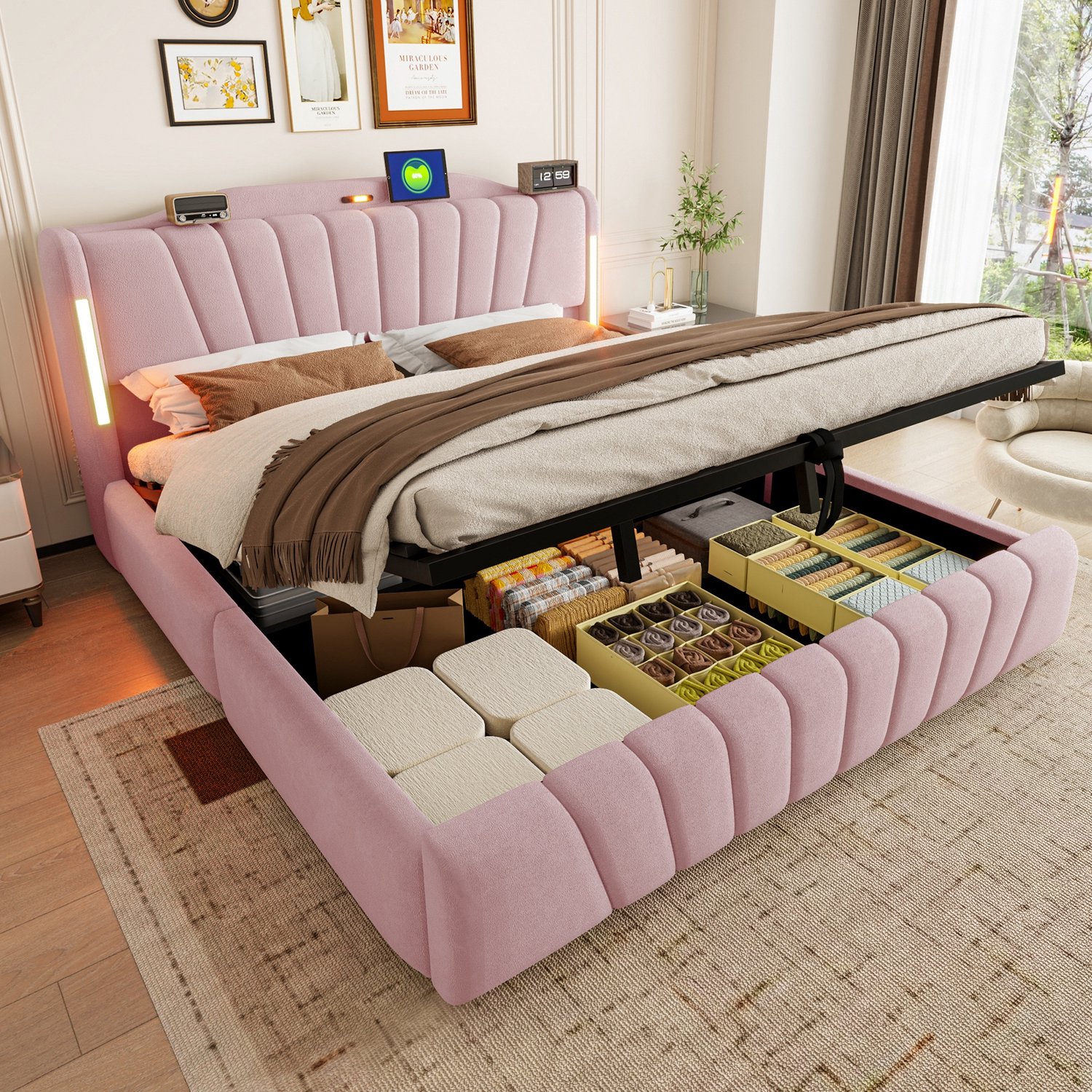 PHOEBE CAT Tweepersoonsbed - 180 x 200 cm - Gestoffeerd hoofdeinde - Opbergruimte - LED-verlichting - Oplaadpunten - Velvet - Roze