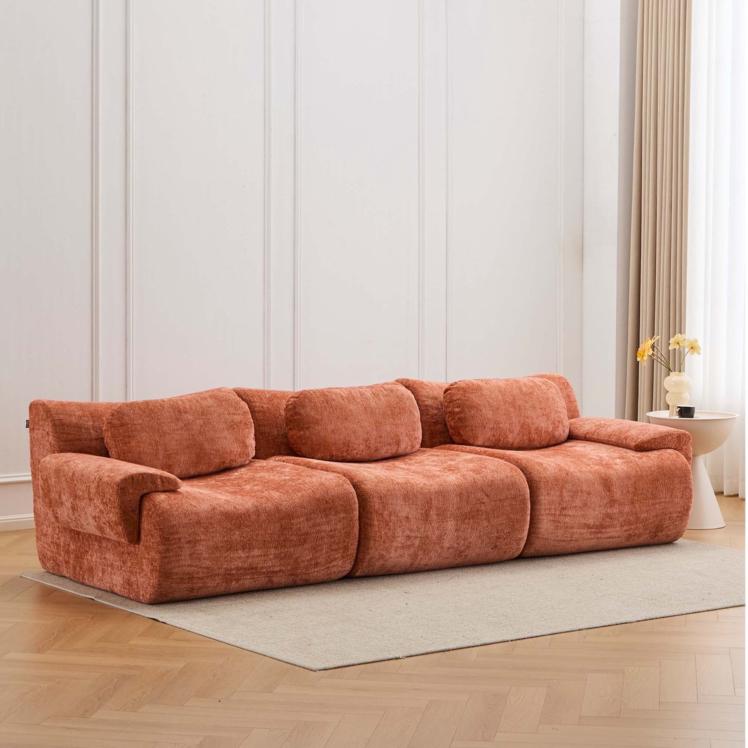 MIVRAY Zitbank 288 x 101 x 69 cm - Driezitsbank met Brede Armleuningen en Dikke Zitkussens - Voor de Woonkamer - Chenille - Oranje