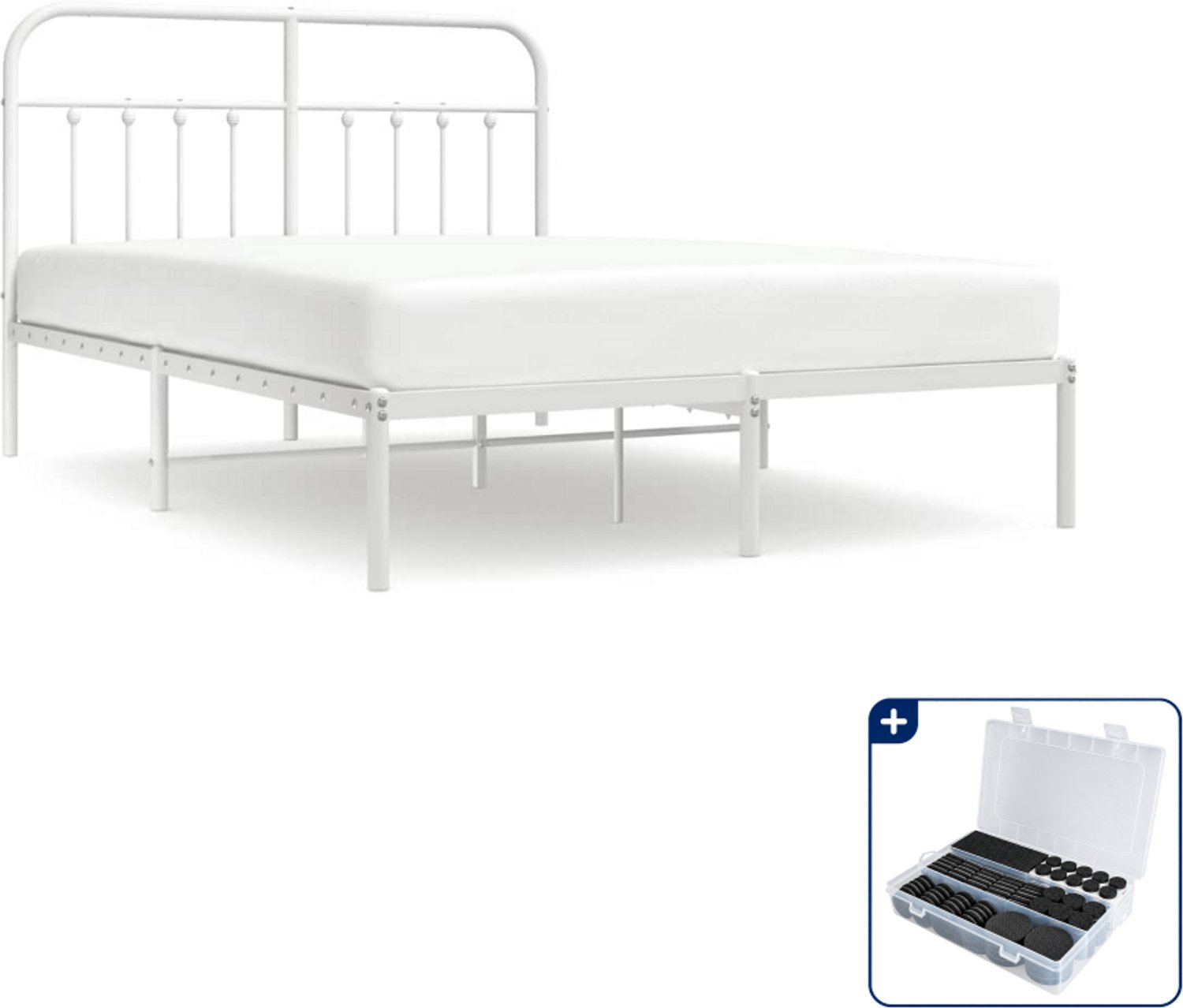 vidaXL bedframe met hoofdbord - 140 x 190 cm - staal - wit - Inclusief antikrasvilt 177-delig