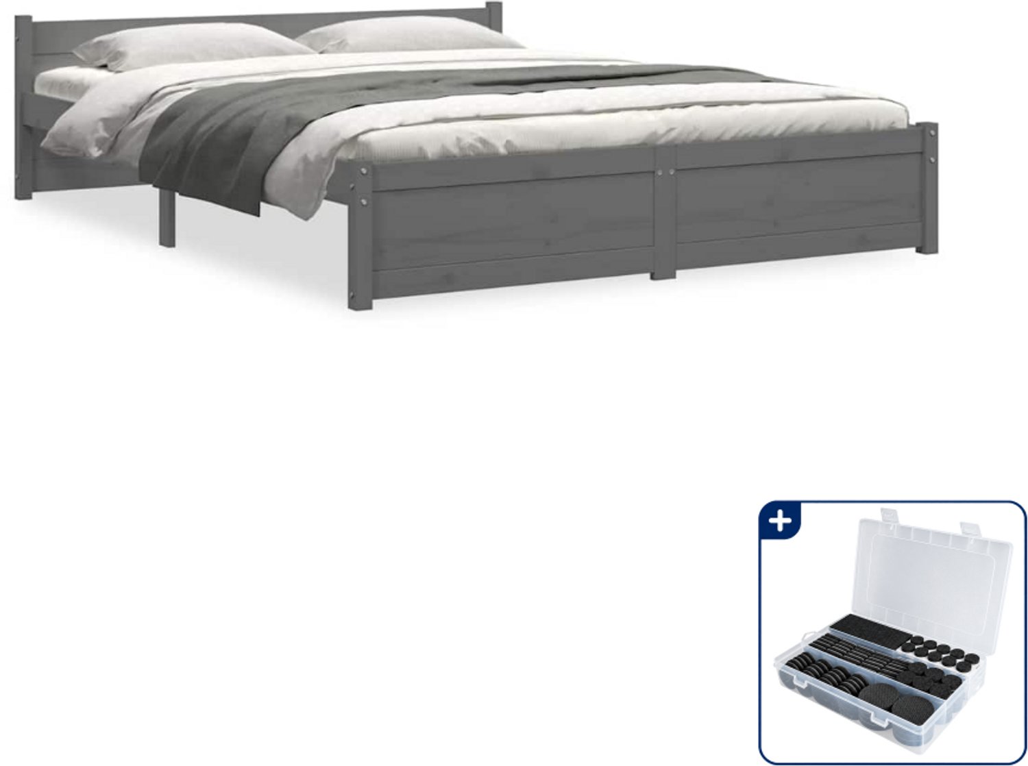 vidaXL bedframe - 135 x 190 cm - massief grenenhout - grijs - Inclusief antikrasvilt 177-delig