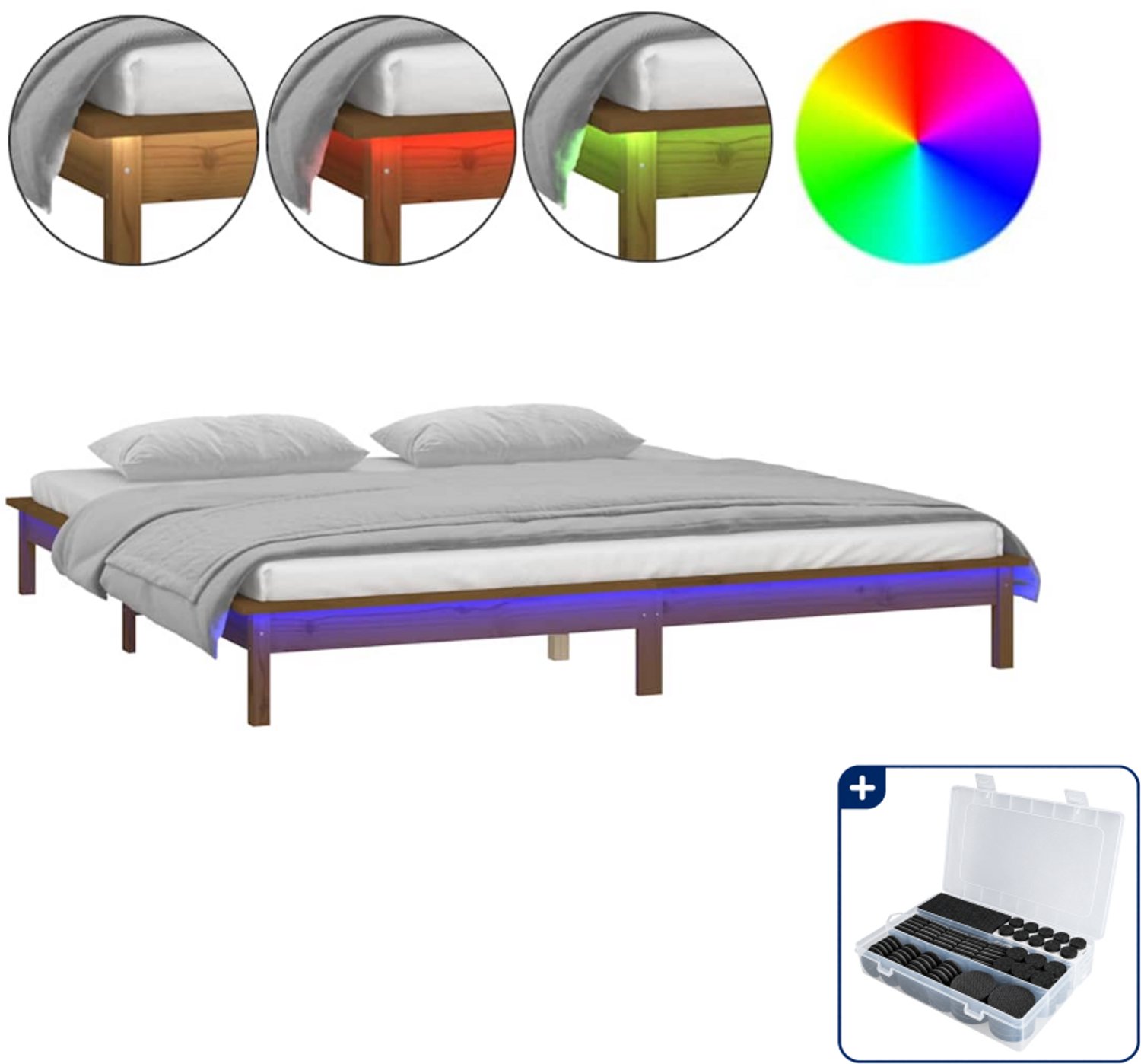 vidaXL bedframe LED 120 x 190 cm - massief grenenhout - honingbruin - Inclusief antikrasvilt 177-delig