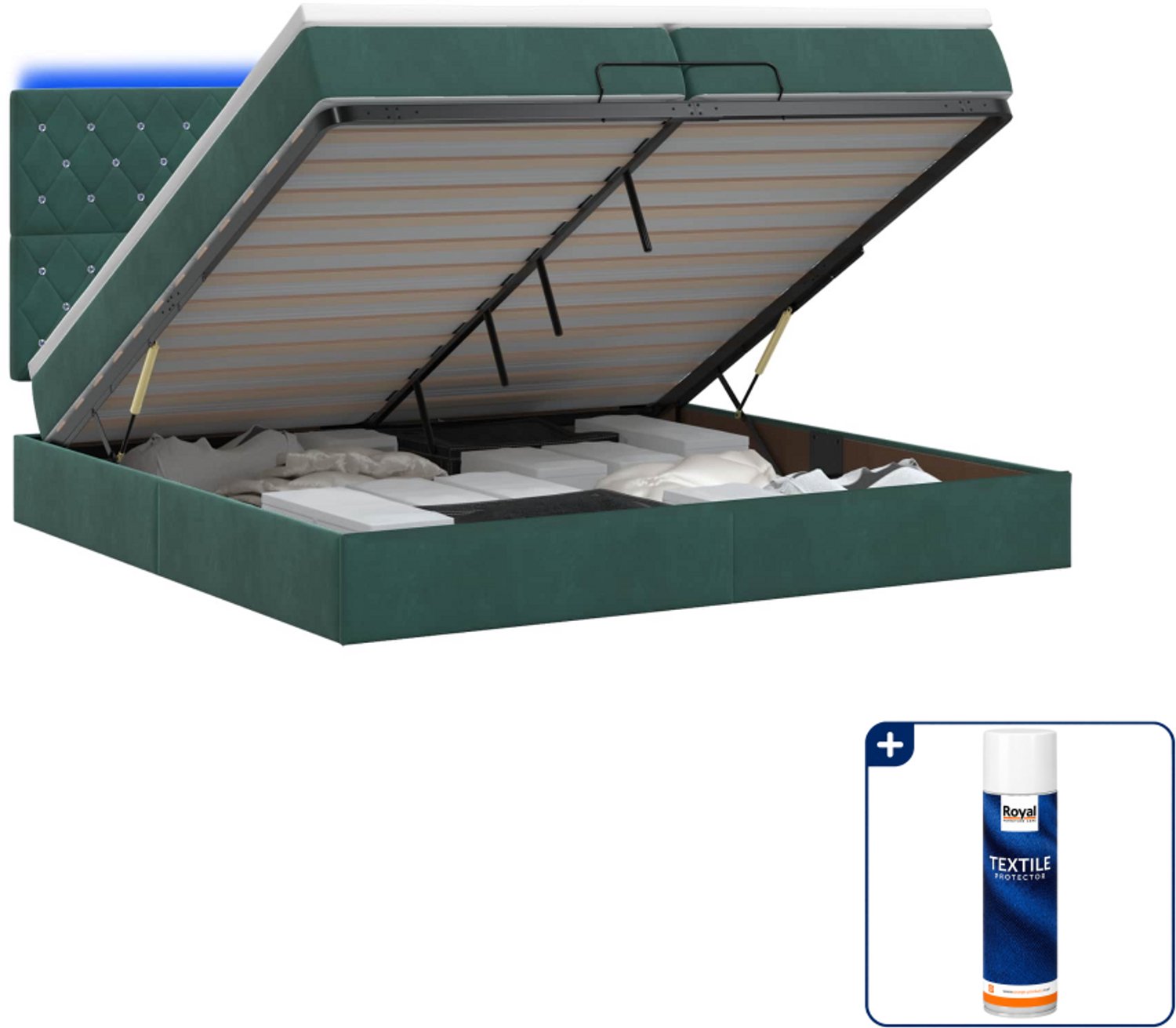 vidaXL bed met matras en LED - 200 x 200 cm - fluweel - donkergroen - Inclusief textielbeschermer 500 ml