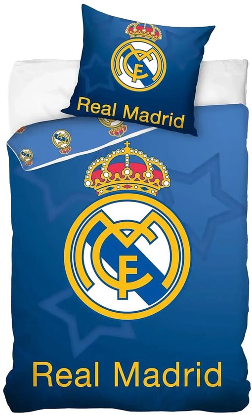 Blauw Real Madrid eenpersoons dekbedovertrek met clublogo en gele tekst 'Real Madrid'.