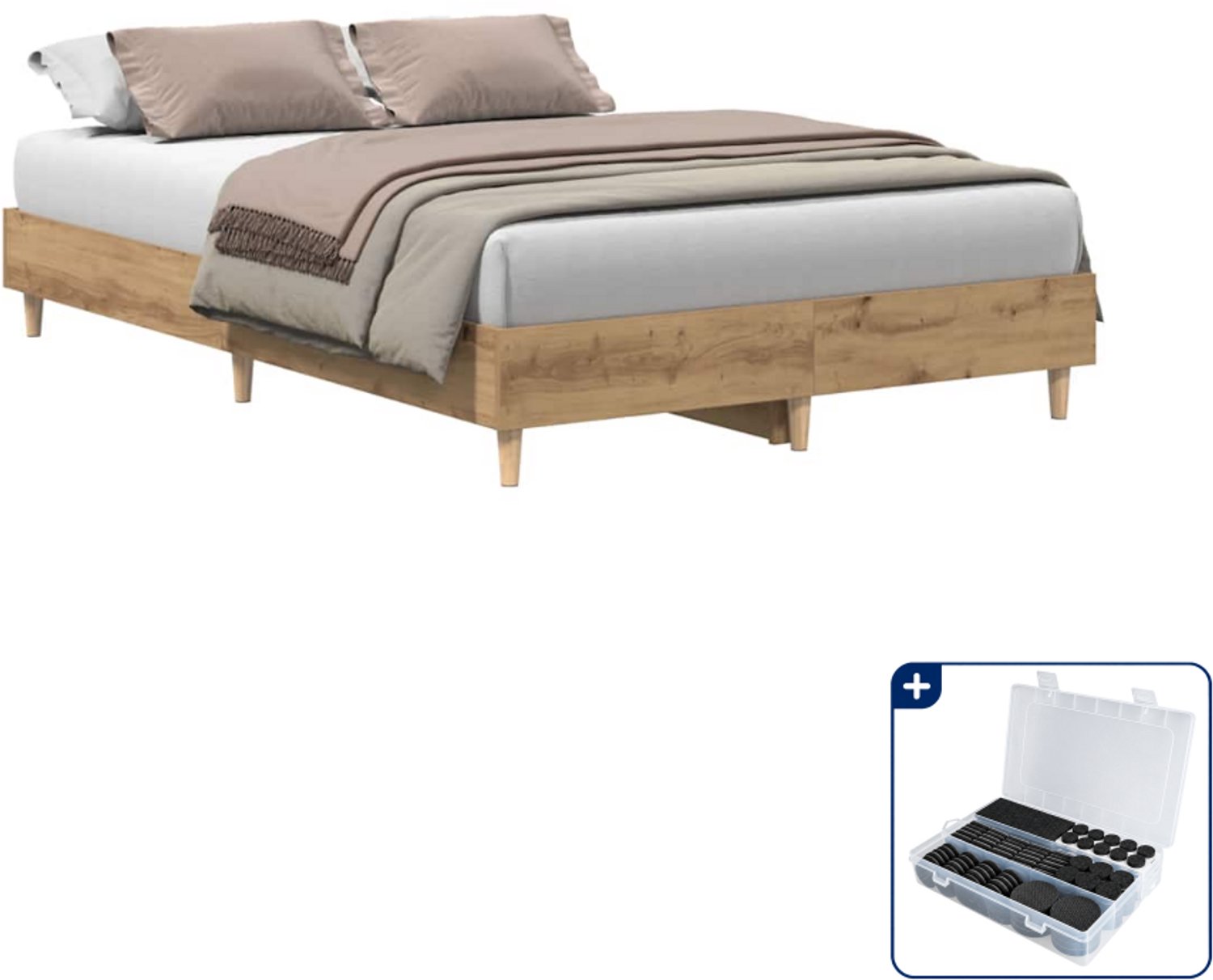 vidaXL bedframe - 135 x 190 cm - bewerkt hout - artisan eiken - Inclusief antikrasvilt 177-delig