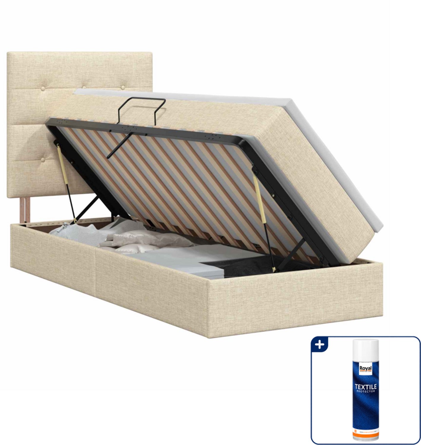 vidaXL opbergbed met matras - 90 x 190 cm - kunstleer - crèmekleurig - Inclusief textielbeschermer 500 ml