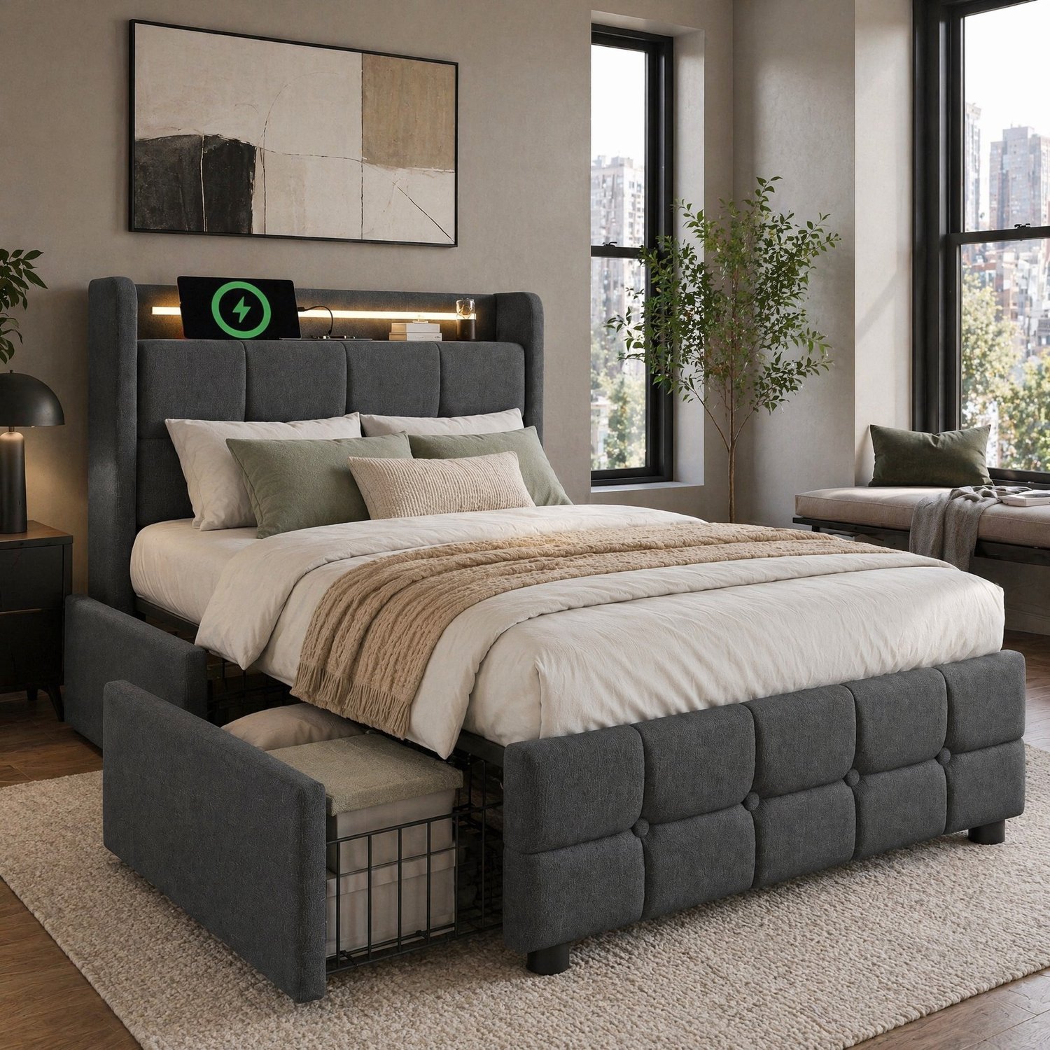 Maisentiel Eenpersoonsbed 90 x 200 cm met 2 lades, LED en USB - grijs