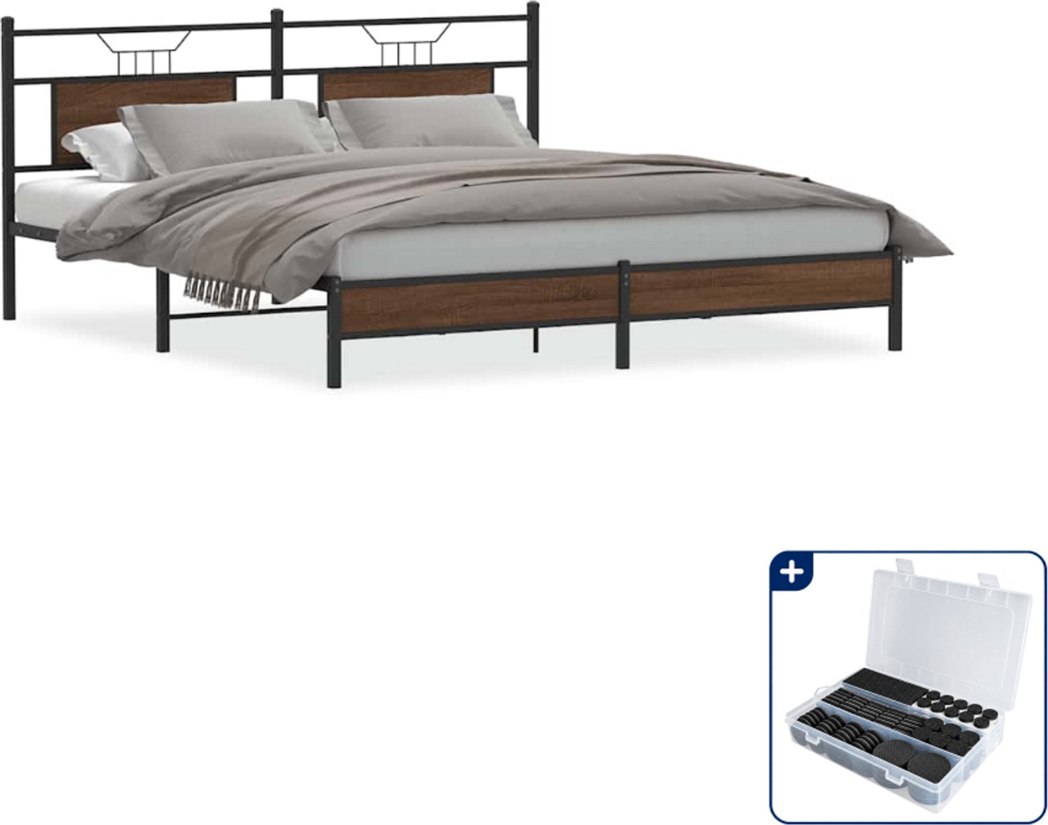vidaXL bedframe - 183 x 213 cm - bewerkt hout en staal - bruineiken - Inclusief antikrasvilt 177-delig