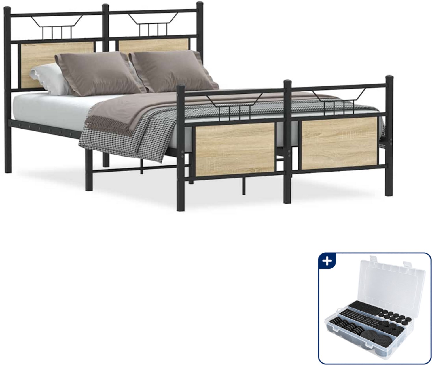 vidaXL Bedframe - 120 x 200 cm - bewerkt hout en staal - sonoma eiken - Inclusief antikrasvilt 177-delig Bruin
